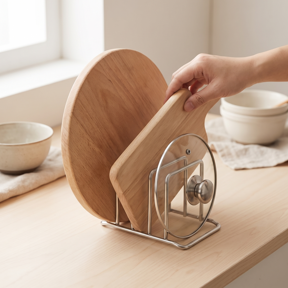 Steel Cutting Board Holder in use image