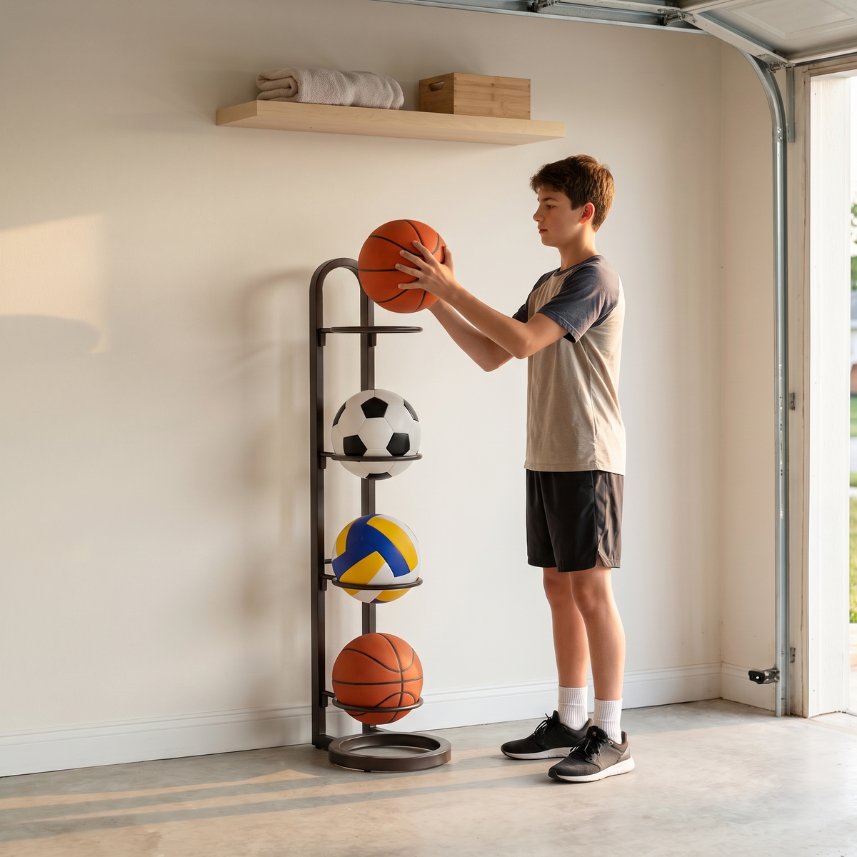 Metal sports ball storage rack in a garage, boy lifting a basketball from the top tier