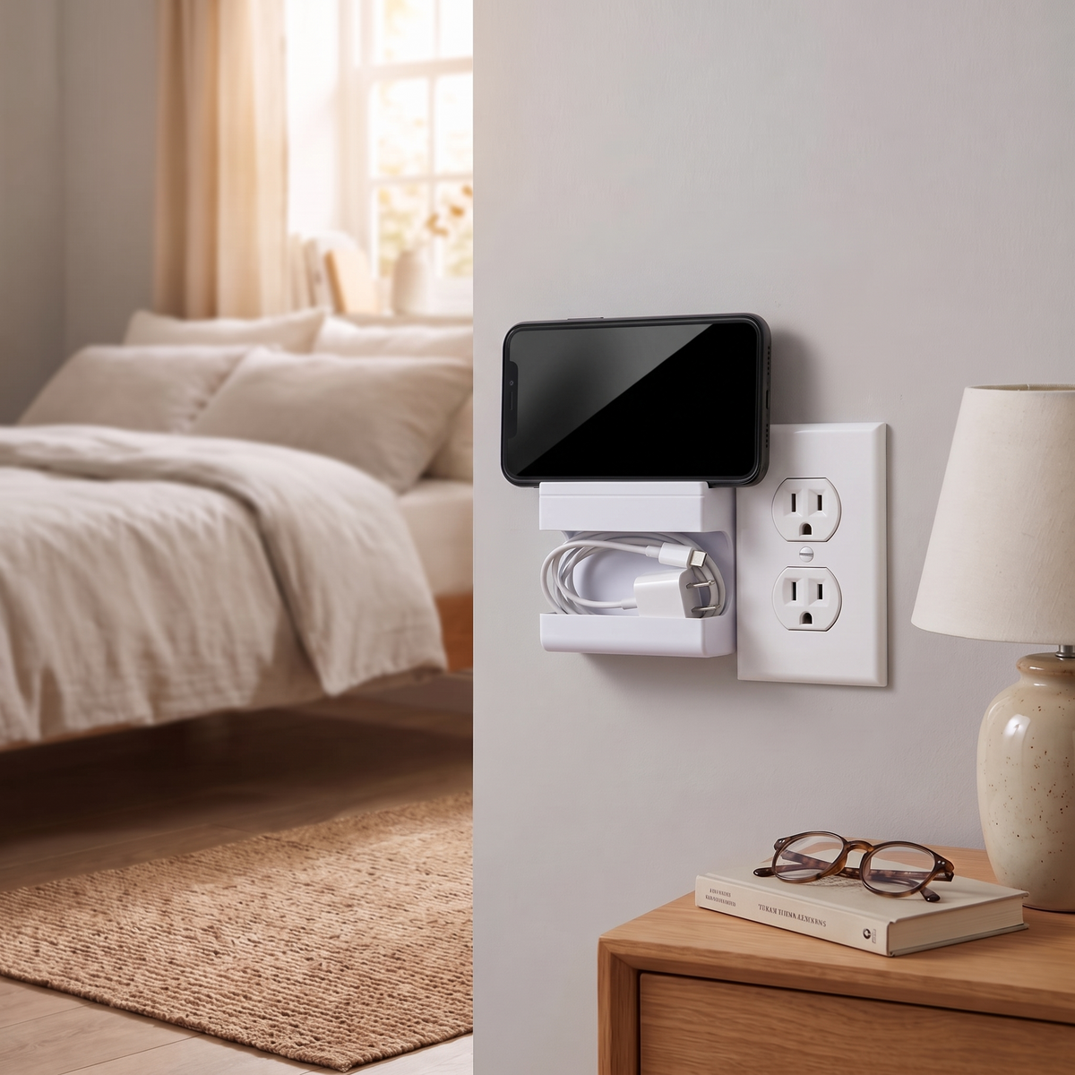 Wall-mount holder beside a bed with a phone resting on it and a cable tidied in the pocket