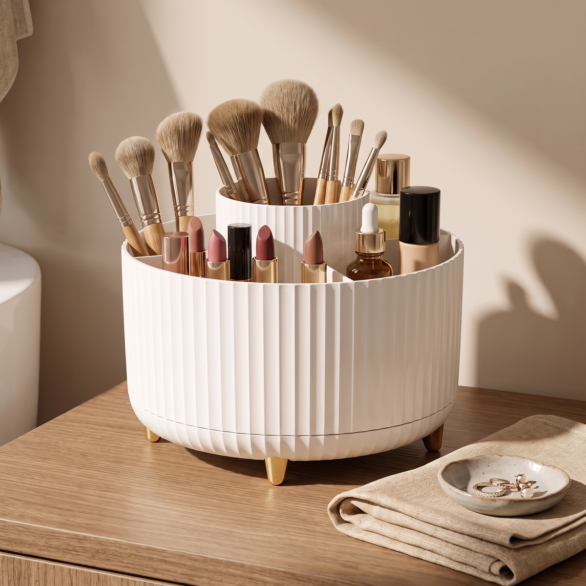 360 Rotating Makeup Organizer on a vanity with brushes and lipsticks