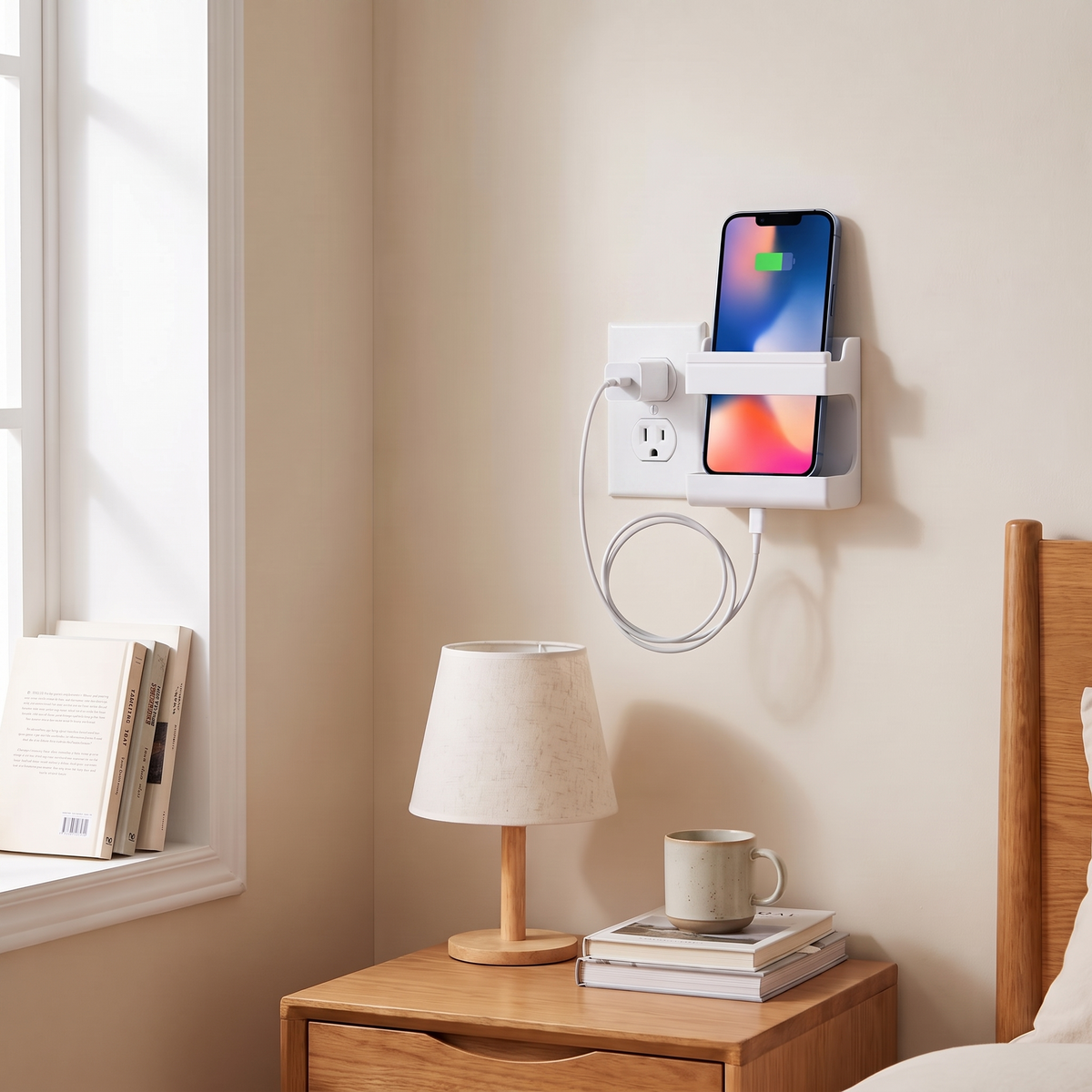 Wall-mount holder in a sunlit bedroom corner holding a charging phone