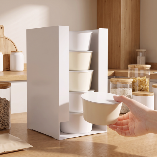 Front Pull-Out Pantry Bin on a kitchen counter dispensing a noodle cup from the front