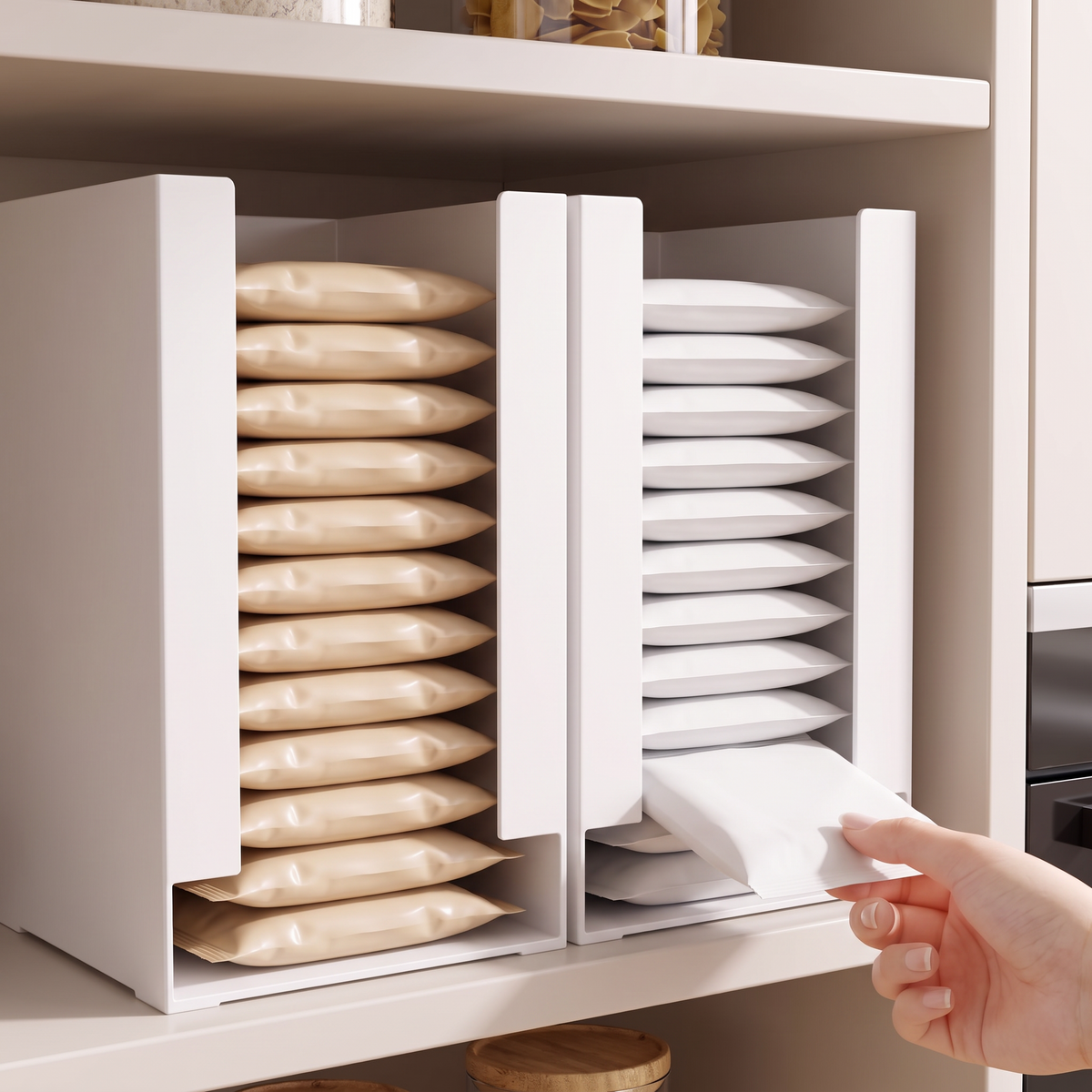 Two Front Pull-Out Pantry Bins on a pantry shelf holding pouches and sachets
