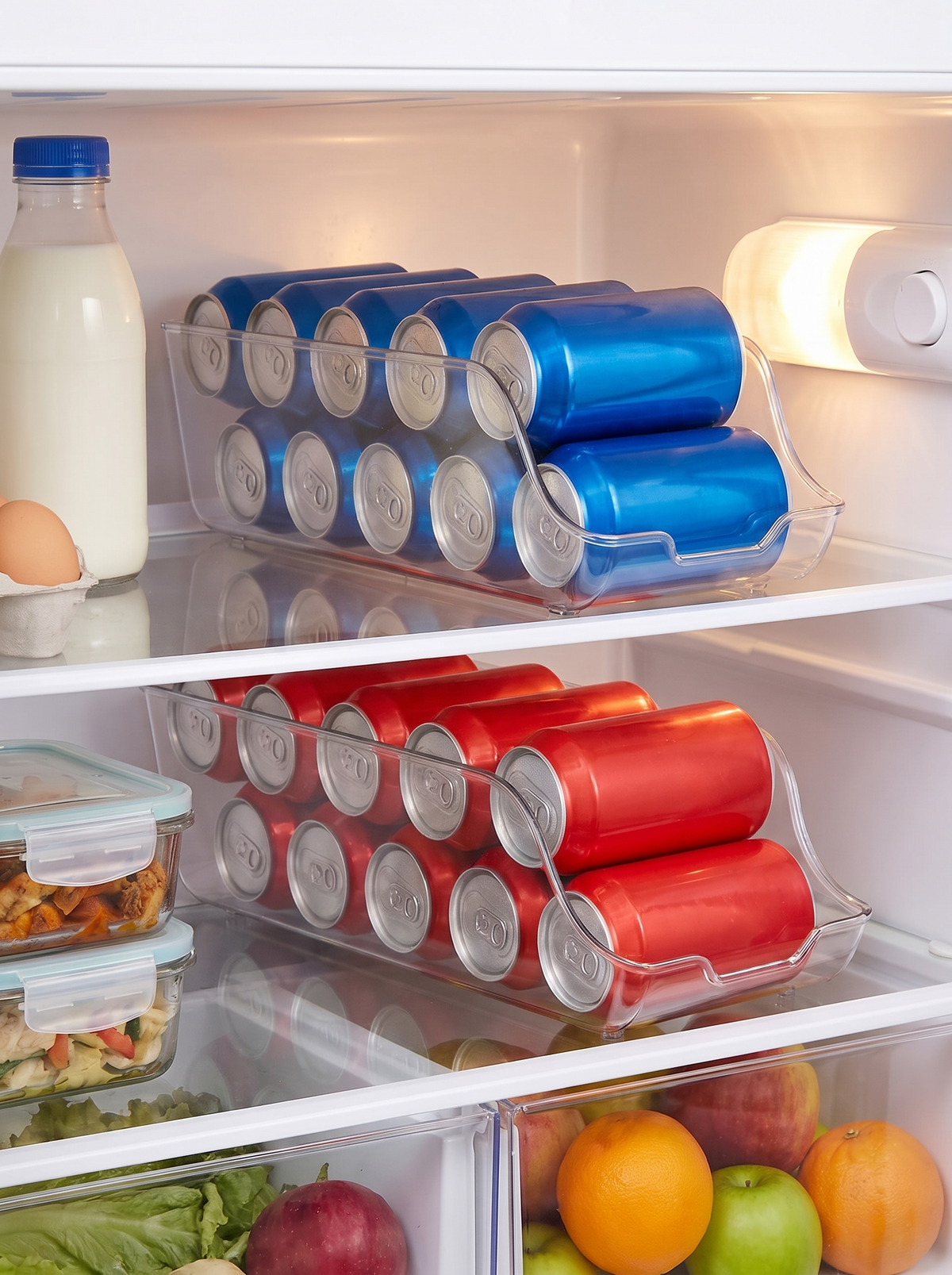 Rolling can dispenser bins on a fridge shelf