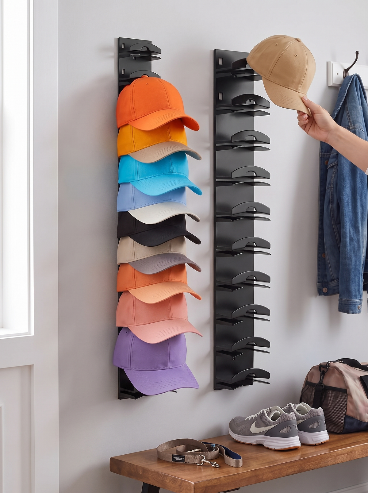 Two cap racks holding caps on a hallway wall