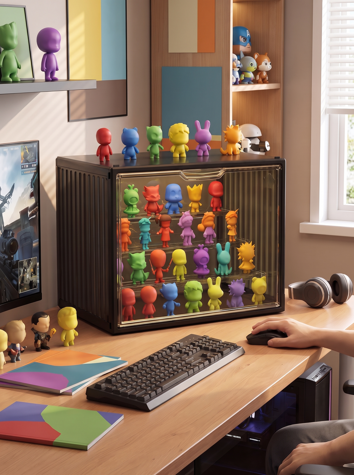 Tinted acrylic display case filled with figures