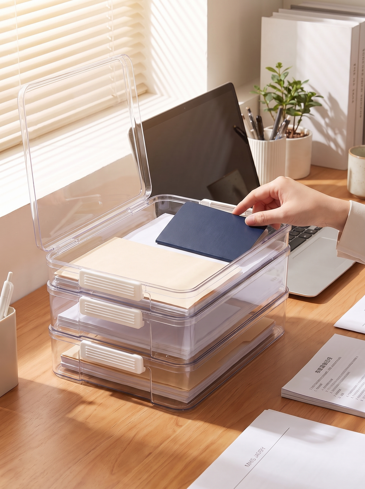 Stacked acrylic document trays holding paperwork