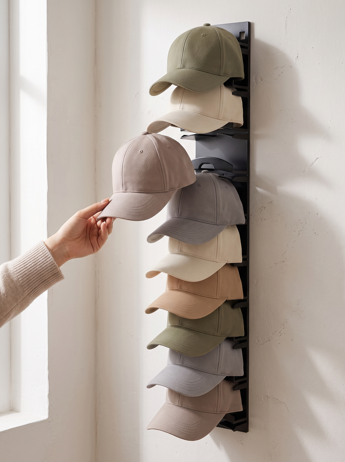 Wall mounted baseball cap rack in a bedroom