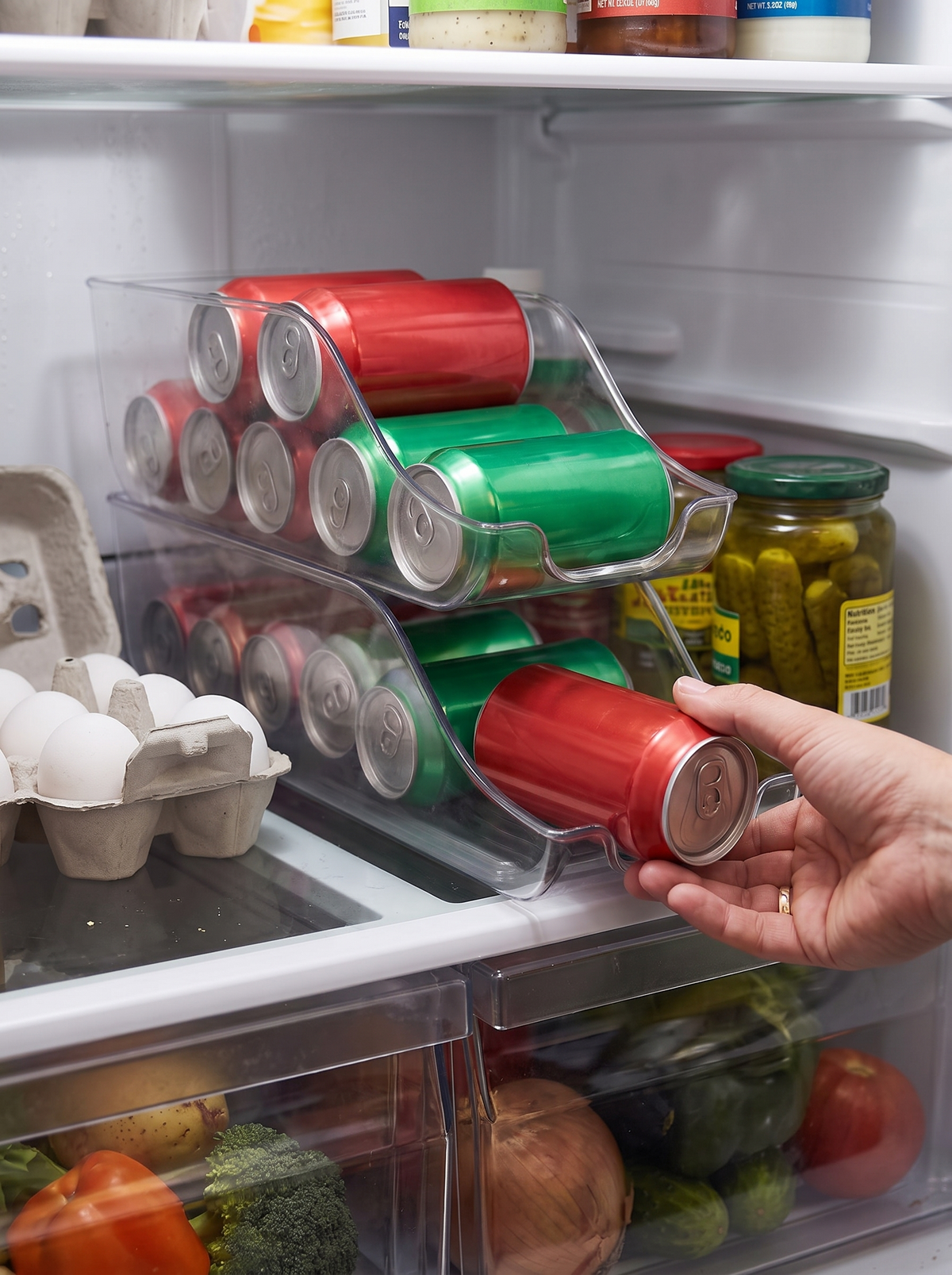 Hand taking a can from the fridge dispenser
