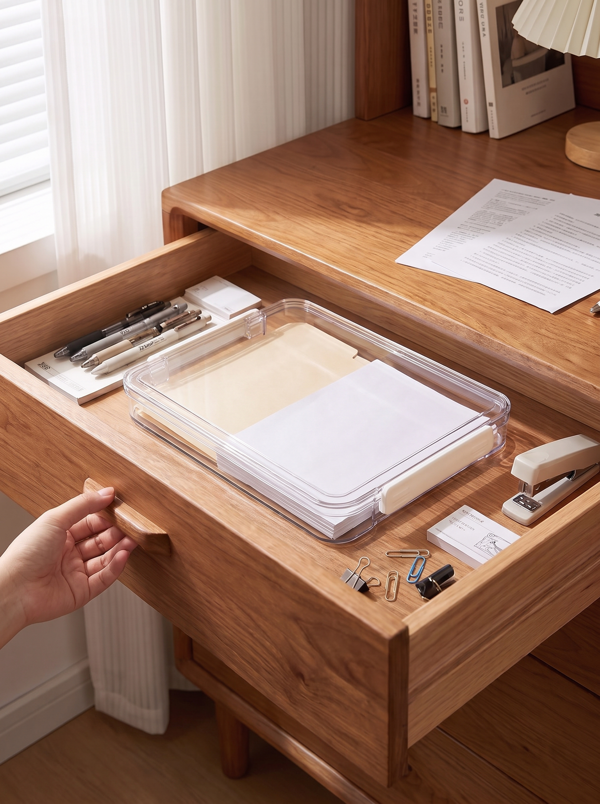 Acrylic document box inside a desk drawer