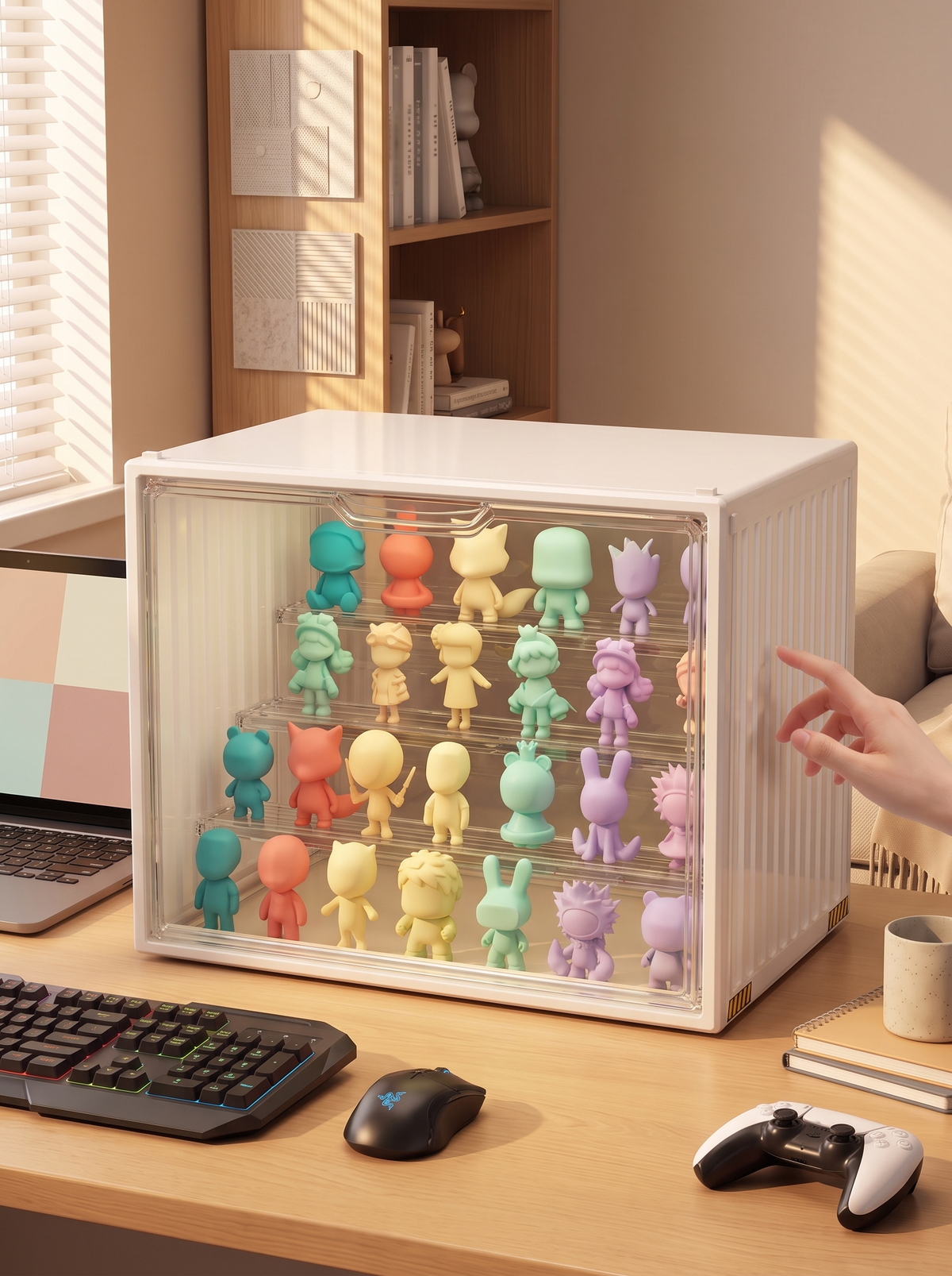 Acrylic blind box display case on a desk