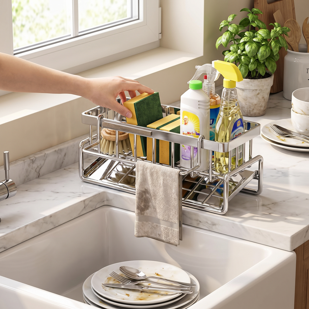 All-in-one stainless sink organizer in use