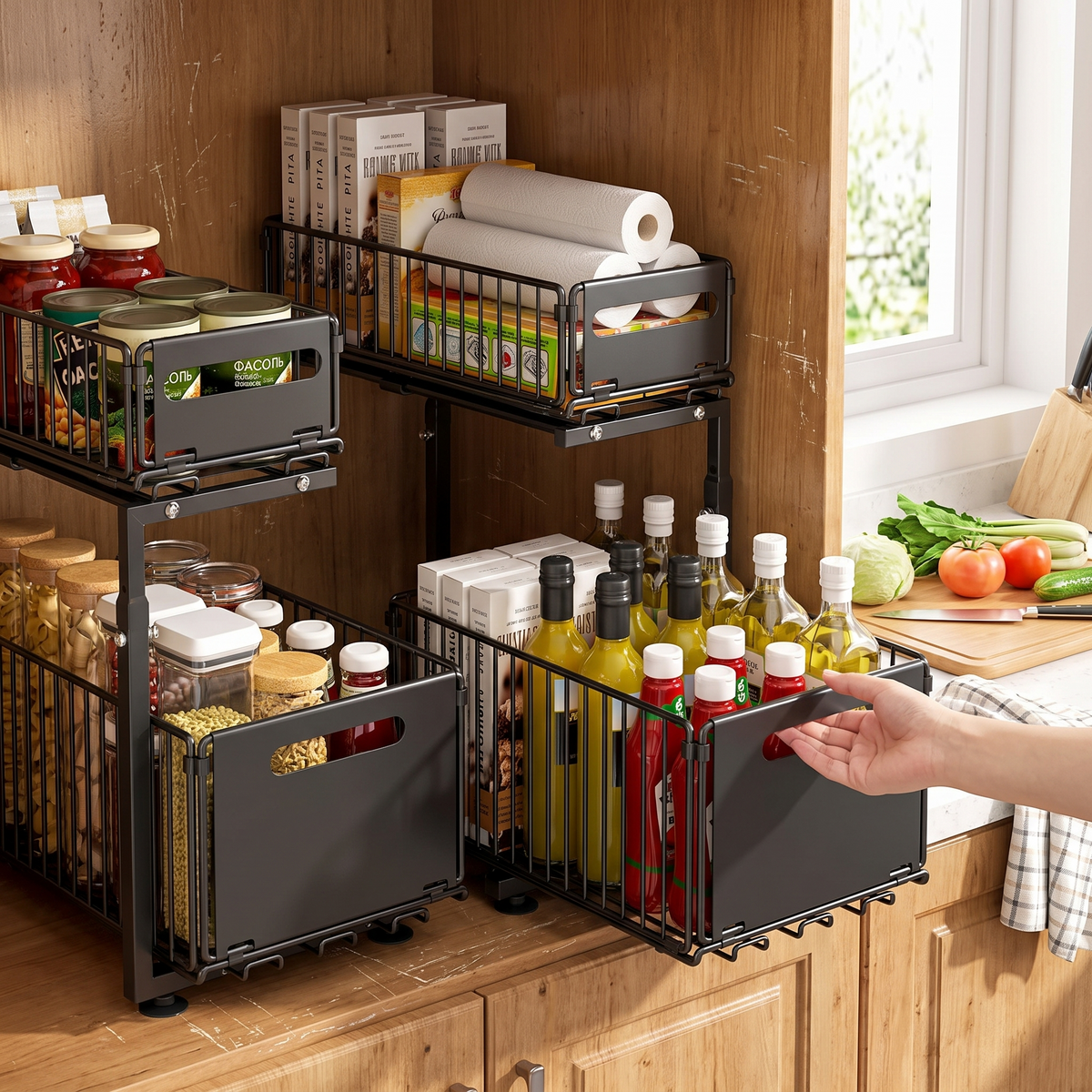 2-tier pull-out under-sink organizer in use