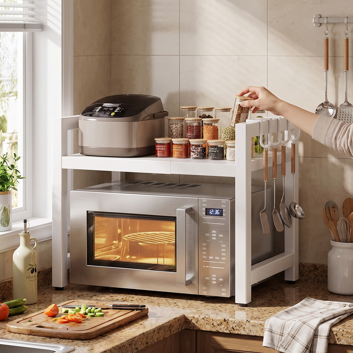 Adjustable microwave rack in use