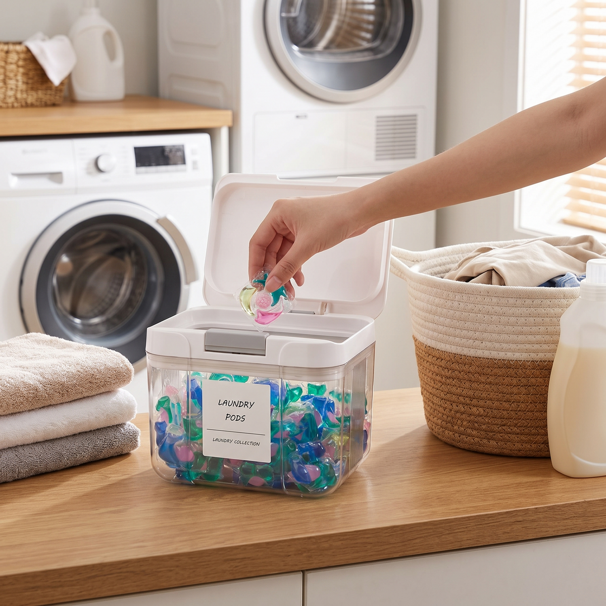 Pop-up laundry pod holder in use