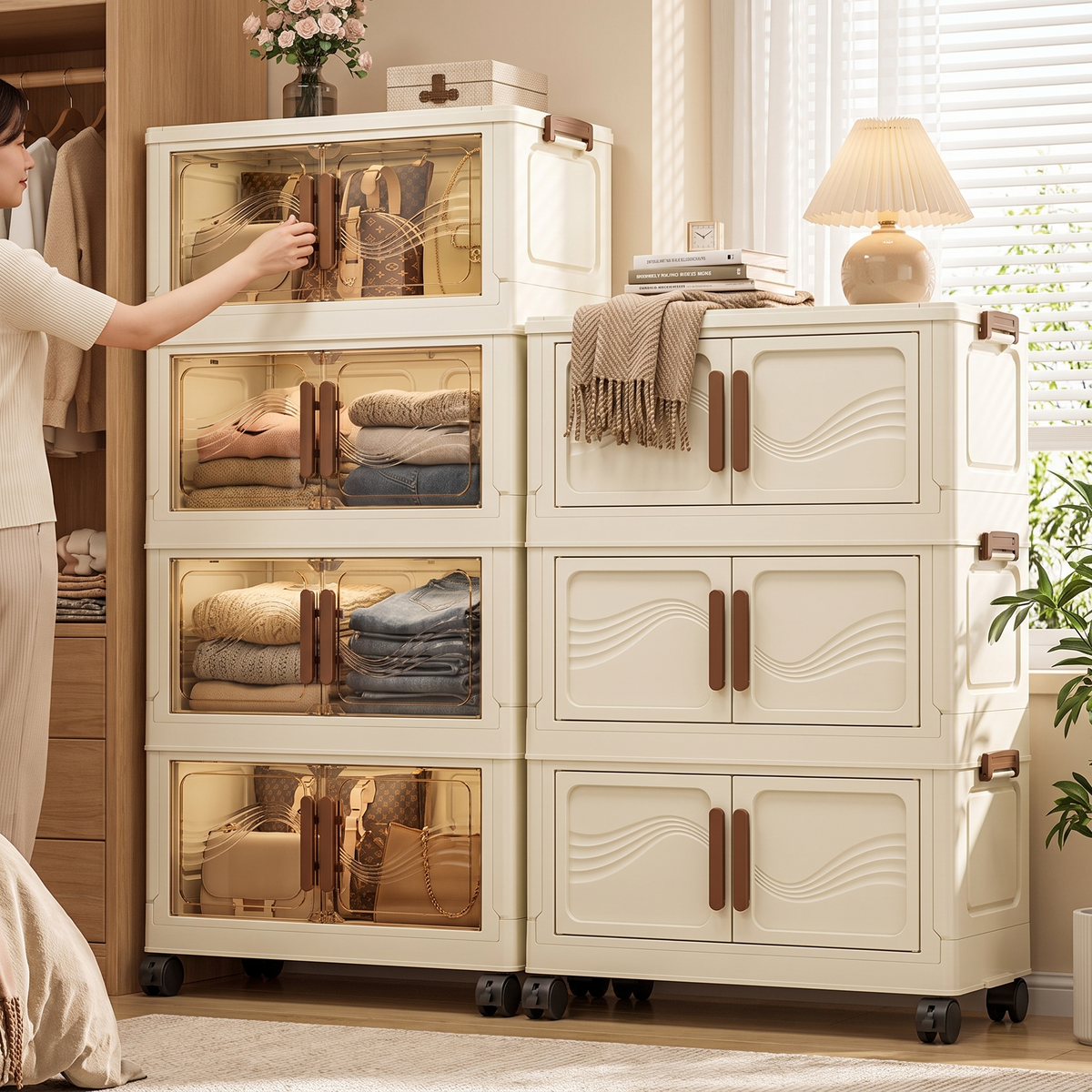 Foldable storage box with clear door in use