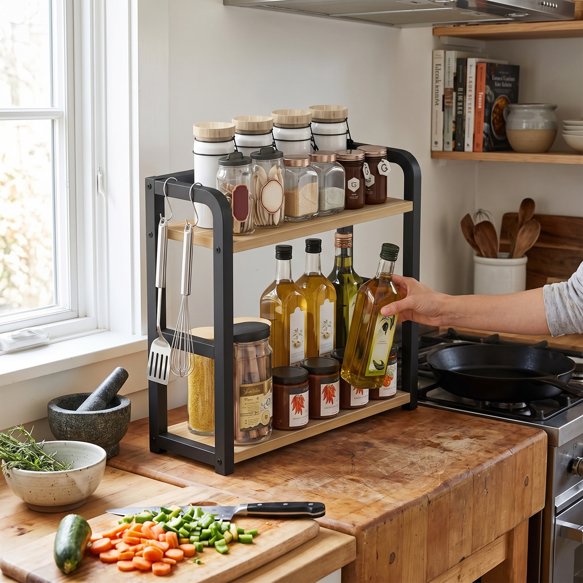 2-tier metal countertop coffee shelf in use