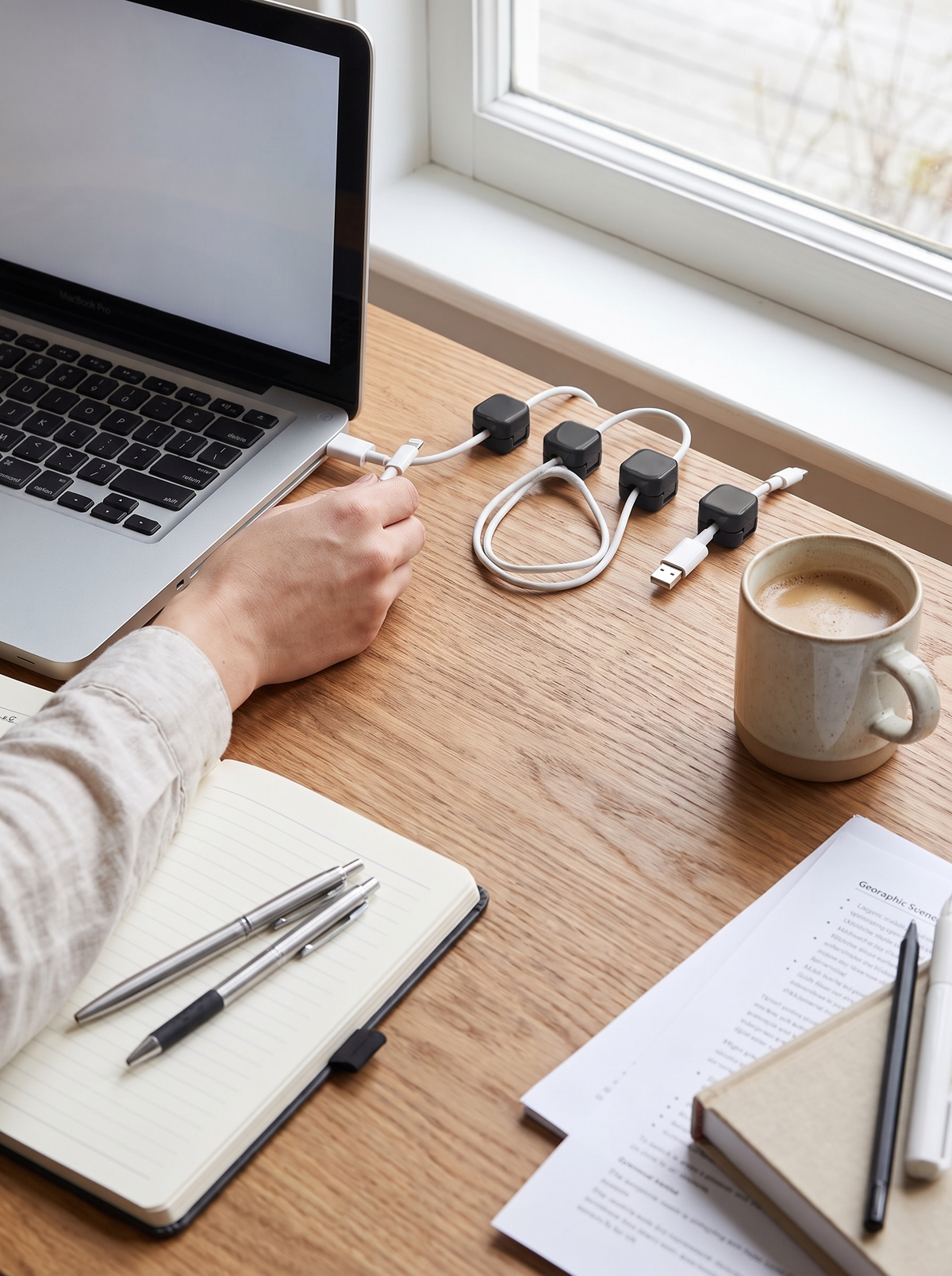 Magnetic cable clips holding charging leads on a wooden desk