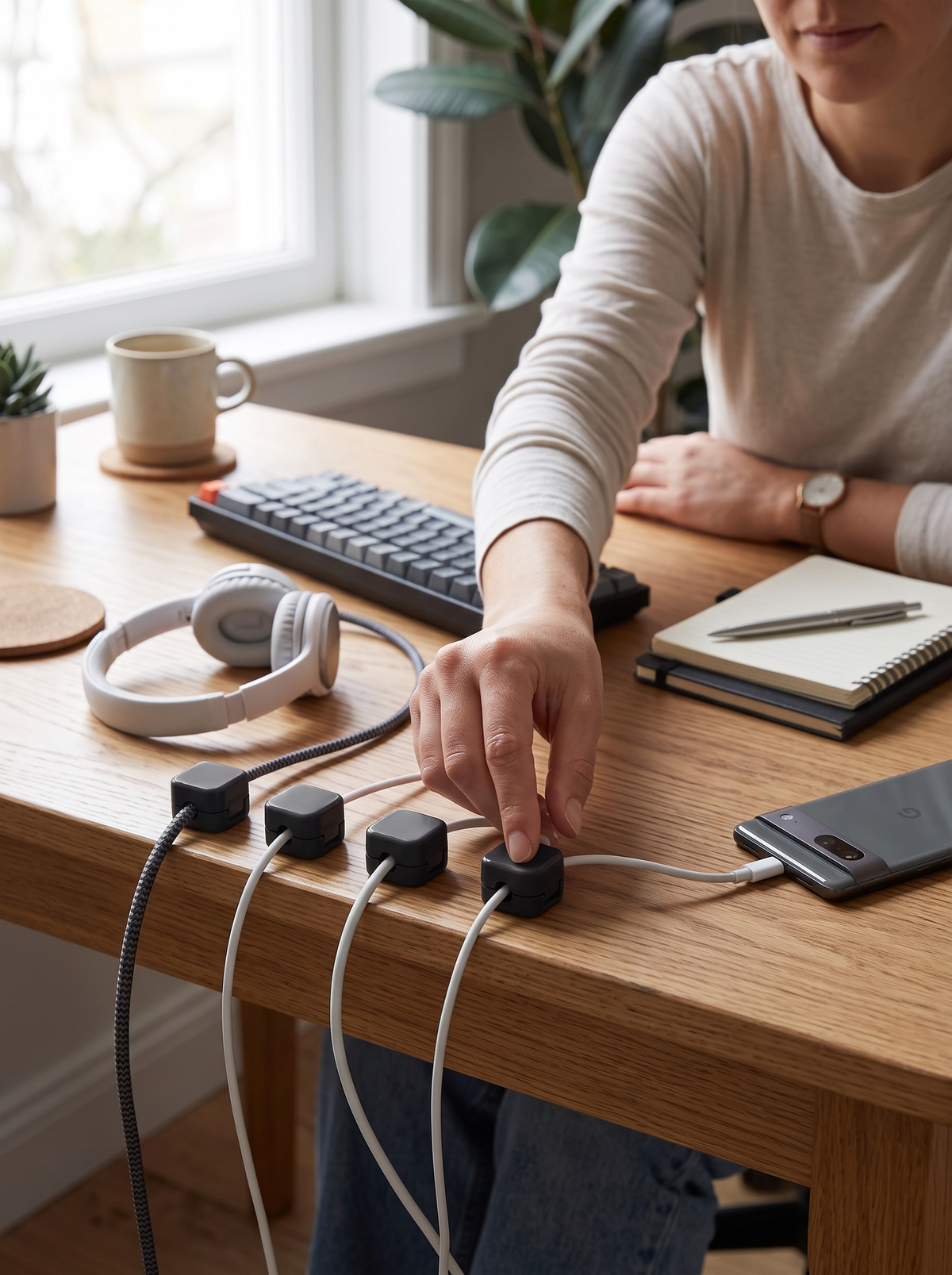 Row of magnetic cable clips routing leads along a desk edge
