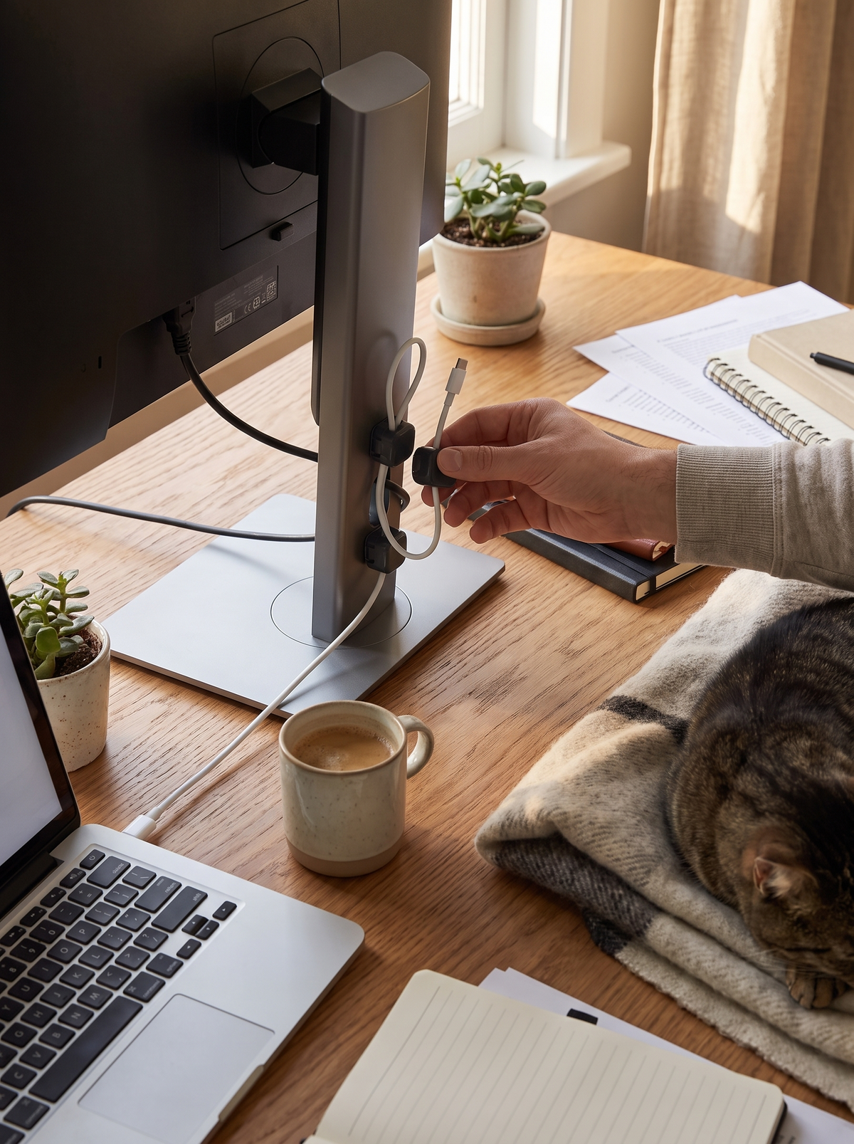 Magnetic cable clips gripping a steel monitor stand
