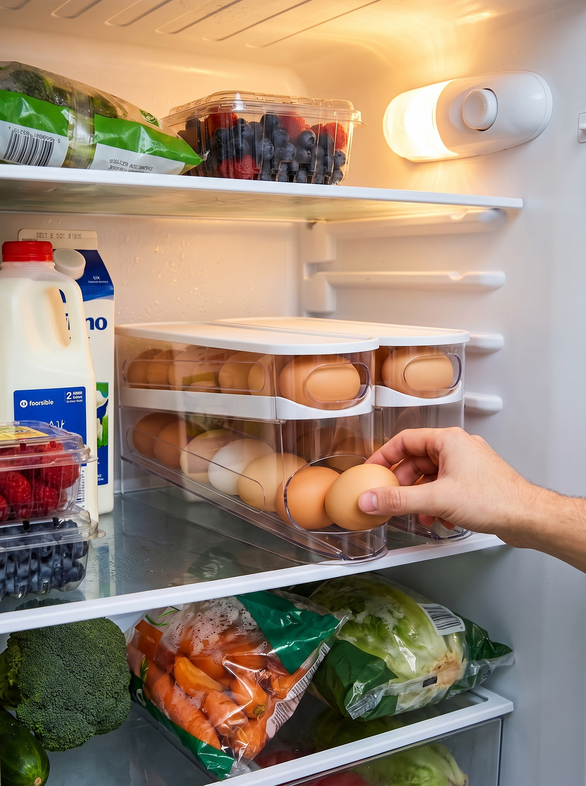 Egg rolling to the front of the dispenser in a fridge