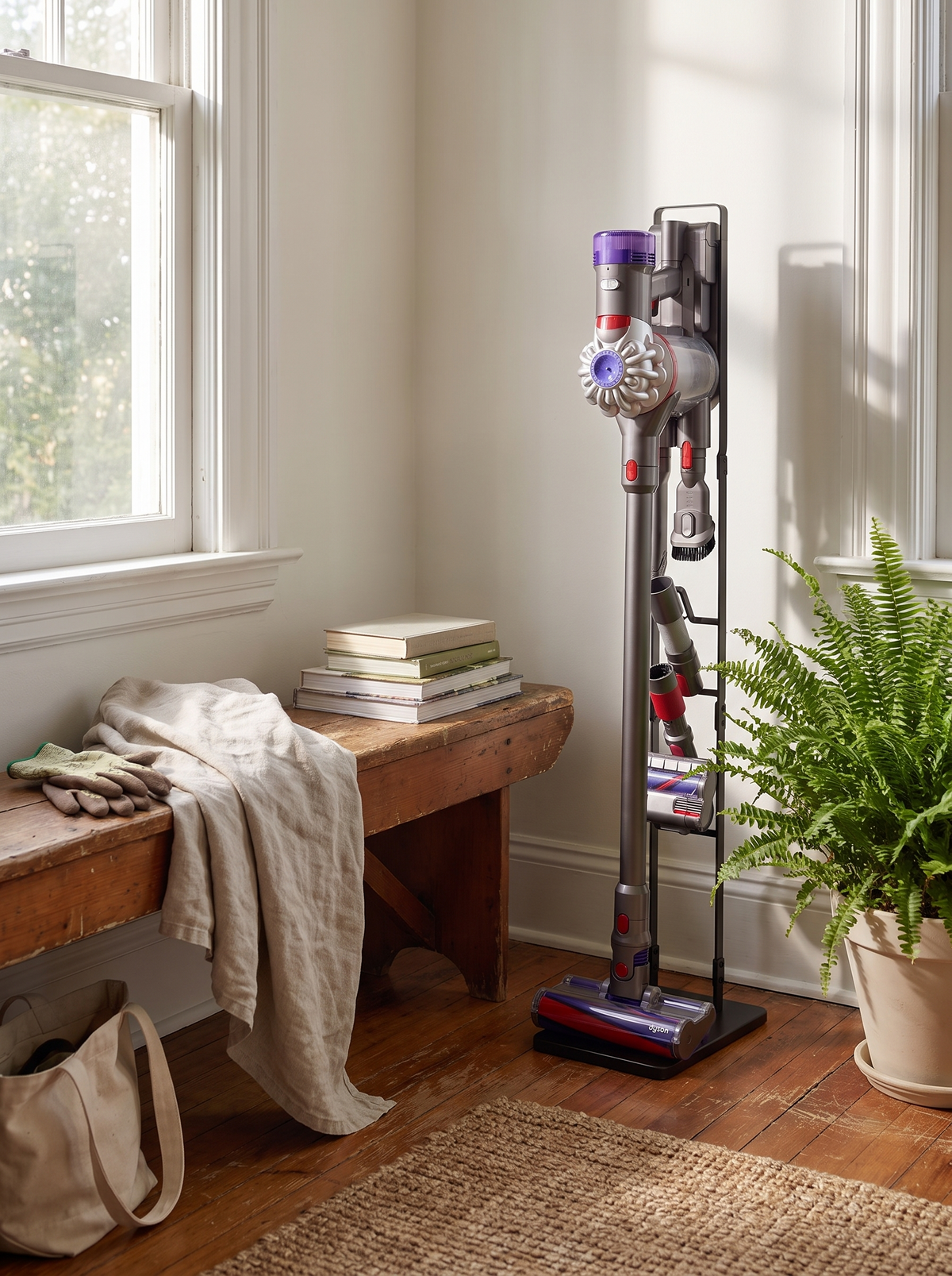 Vacuum stand parked in a corner of a room