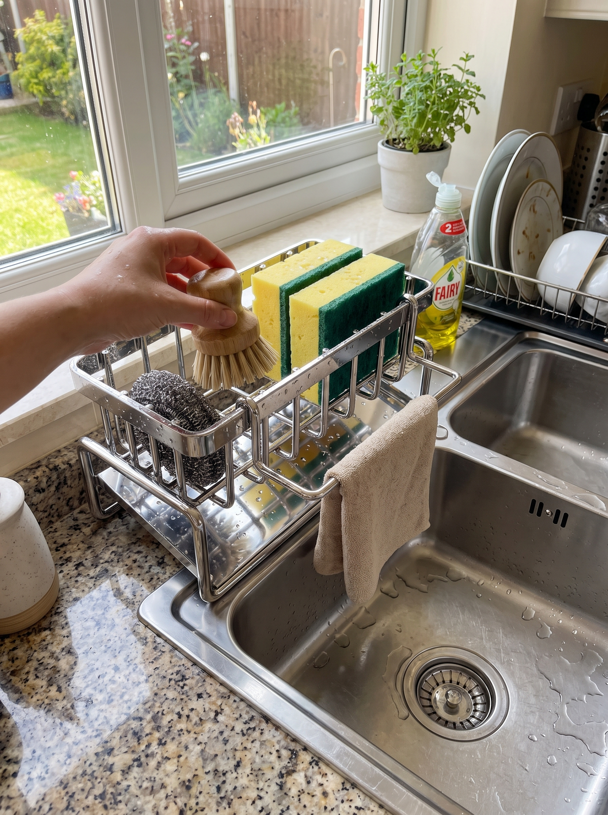 Adhesive sink caddy keeping the sink edge clear