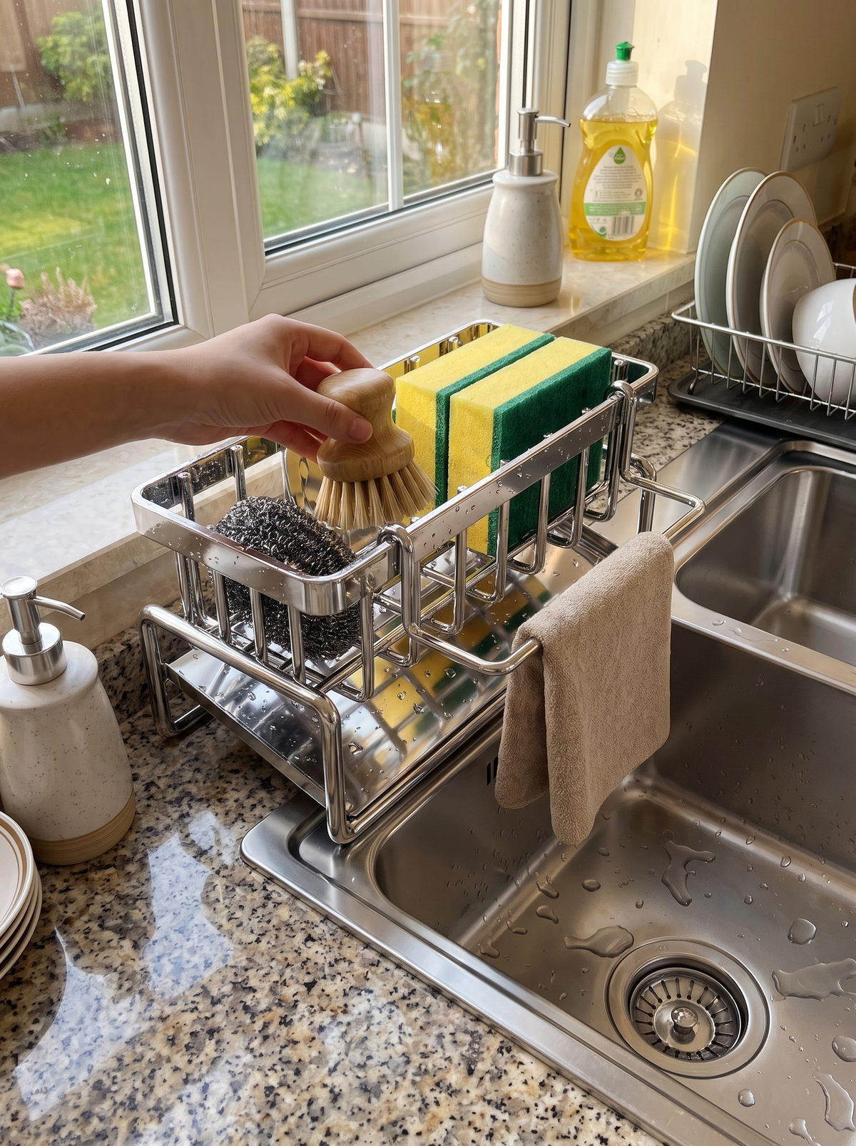 Sink caddy mounted with adhesive, no drilling