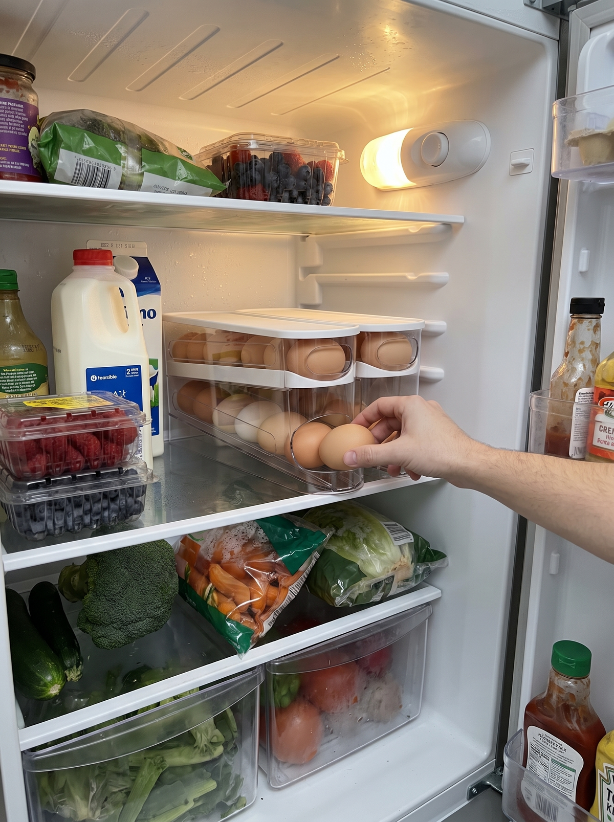 Two tier egg dispenser on a fridge shelf