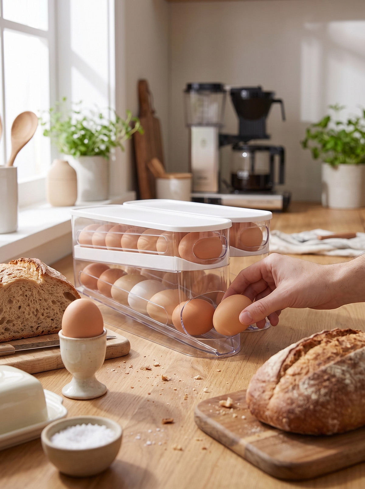 Eggs visible at a glance in the clear dispenser