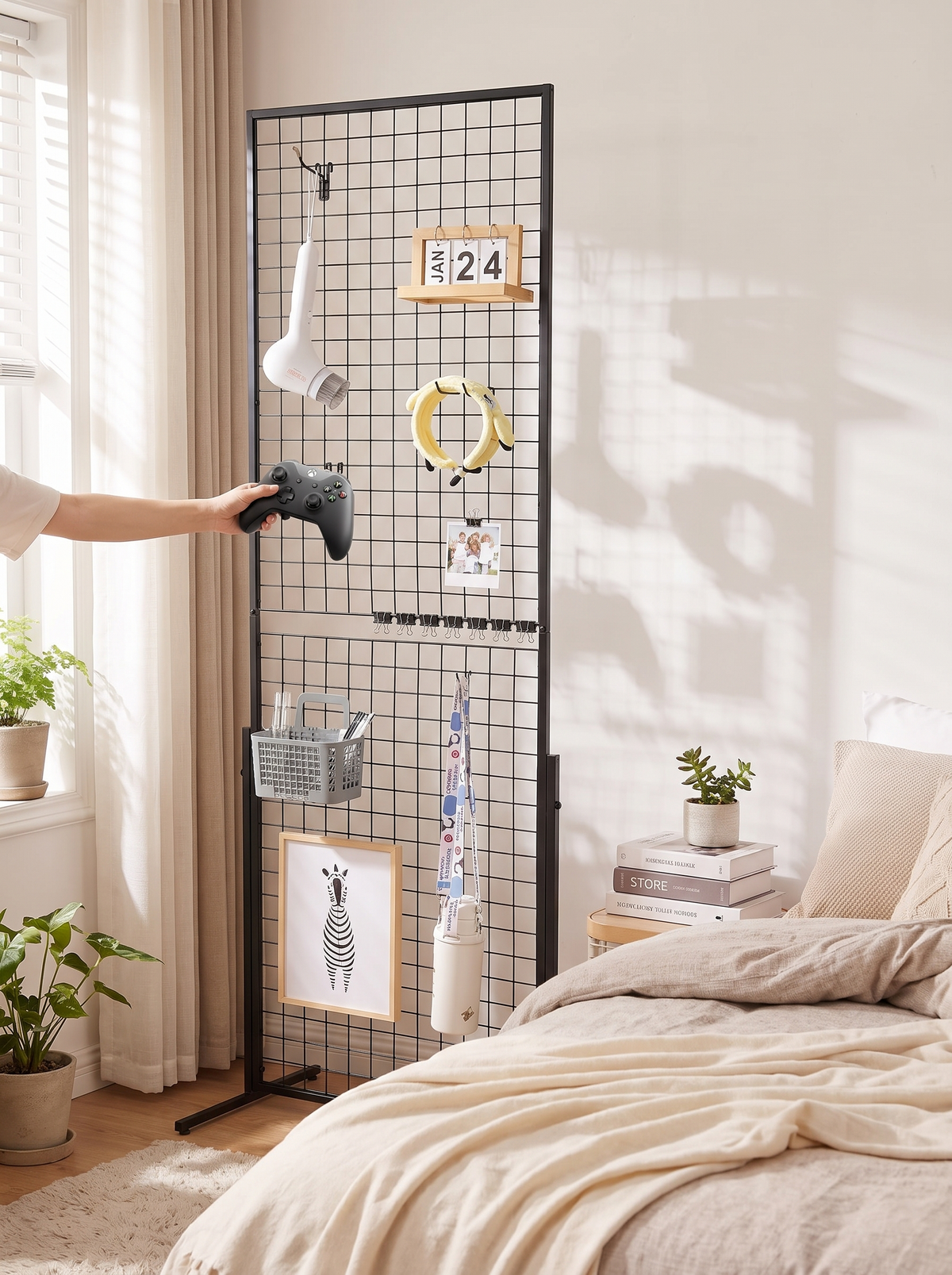 Folding gridwall display tower set up with product hooks