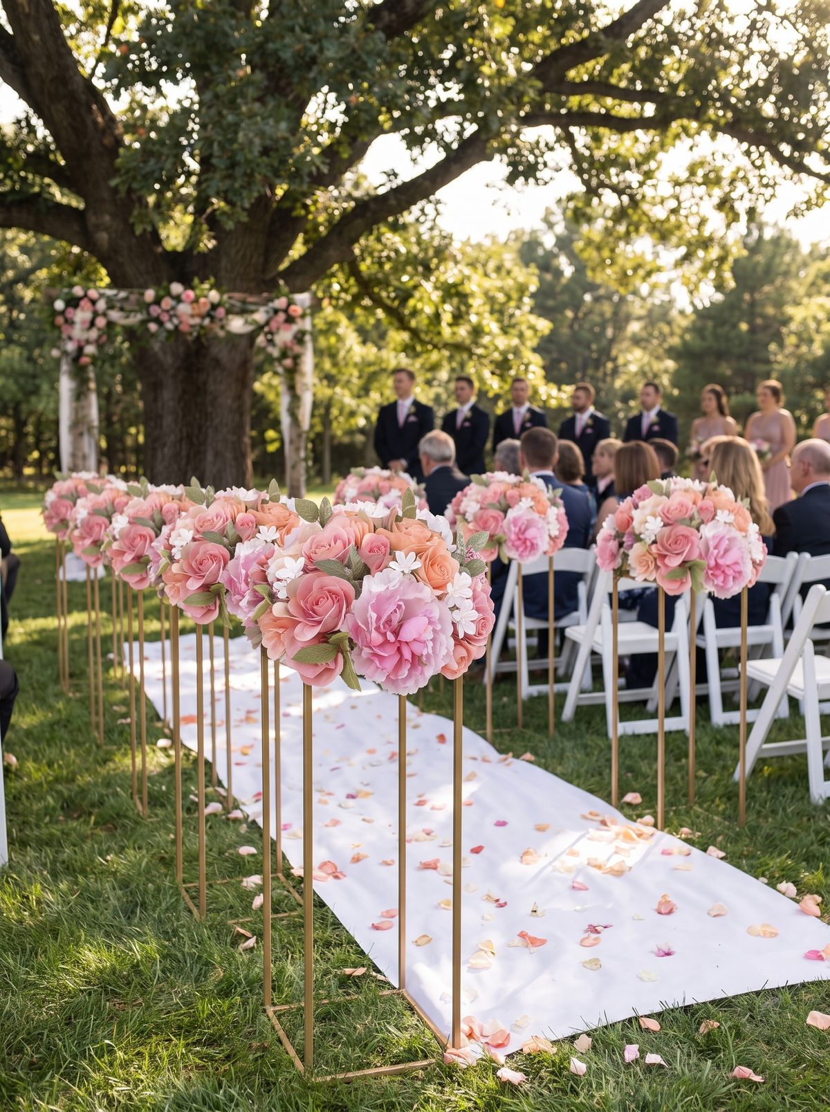Gold column stands lining a wedding aisle