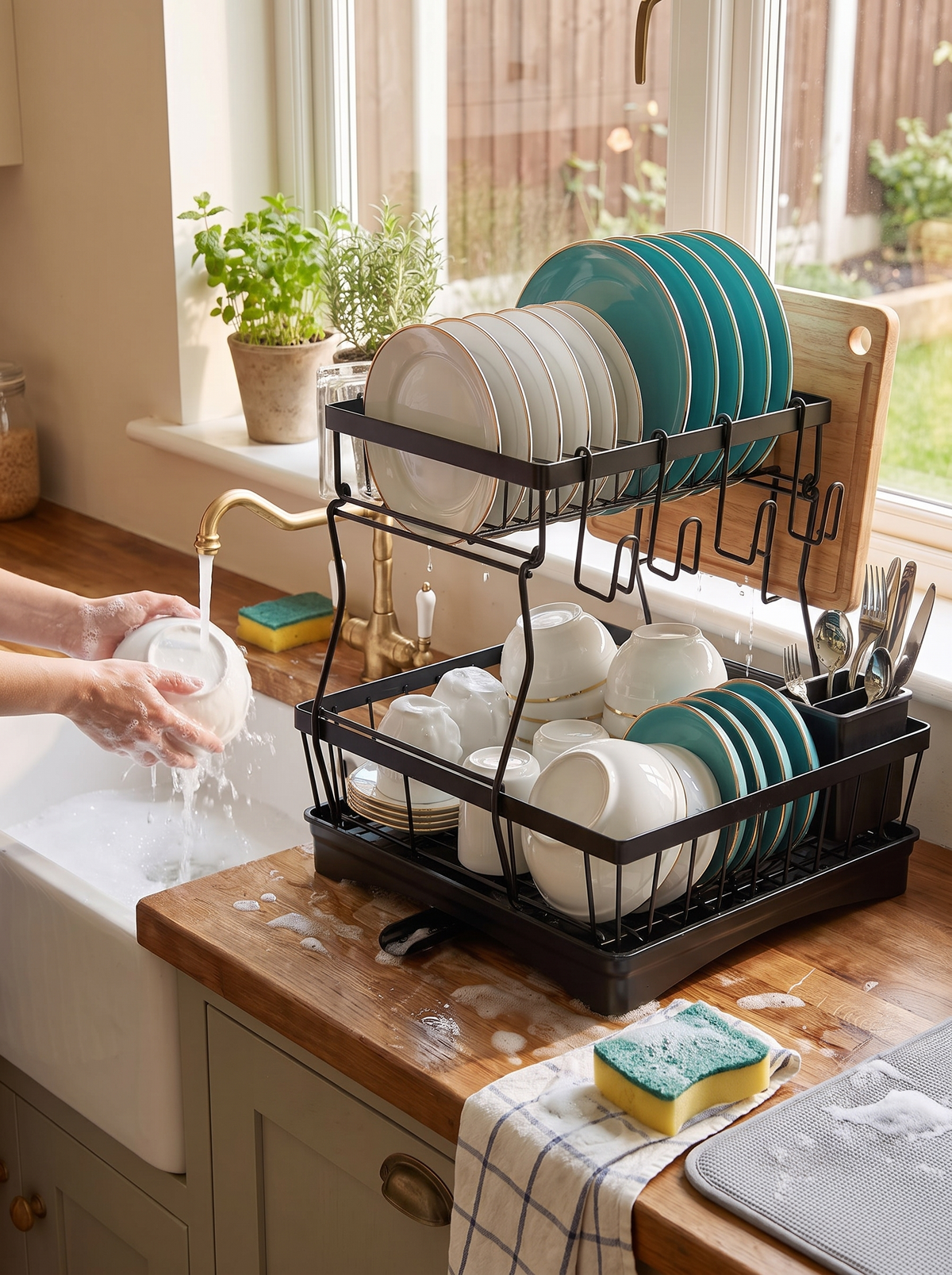 Large dish rack holding a full sink load