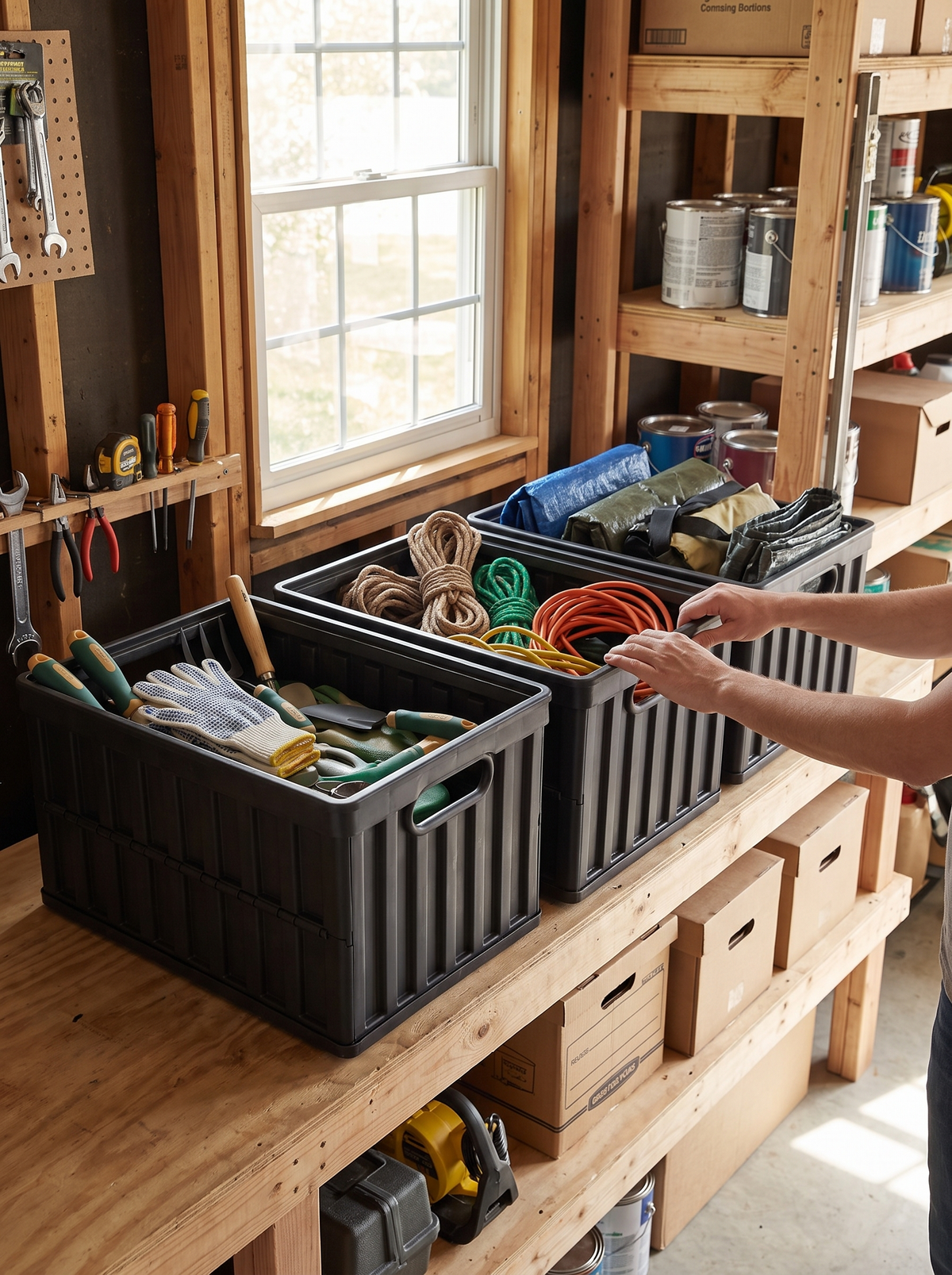 Three storage bins lined up on a shelf