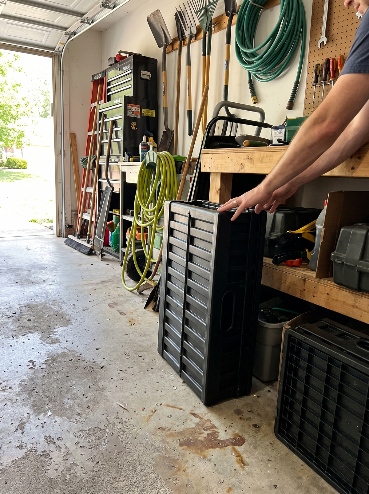 Storage bin folded flat for storage