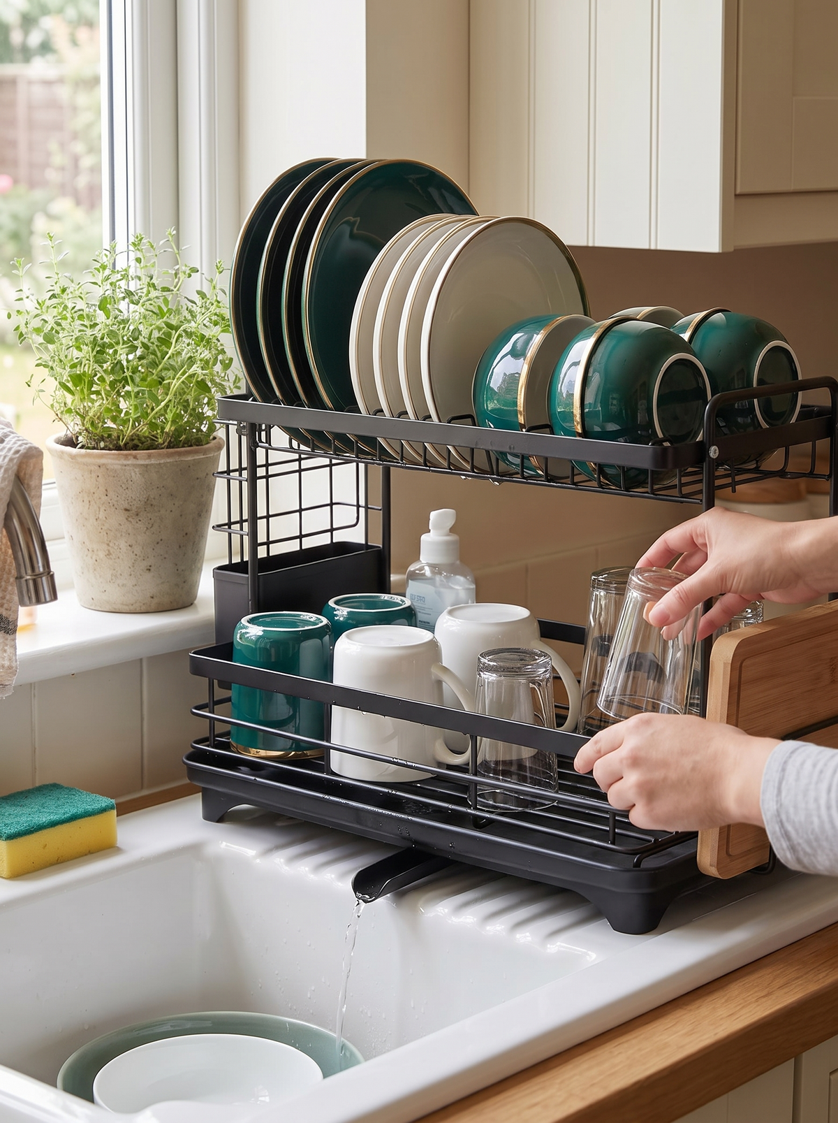 Two tier cutlery rack draining beside a sink