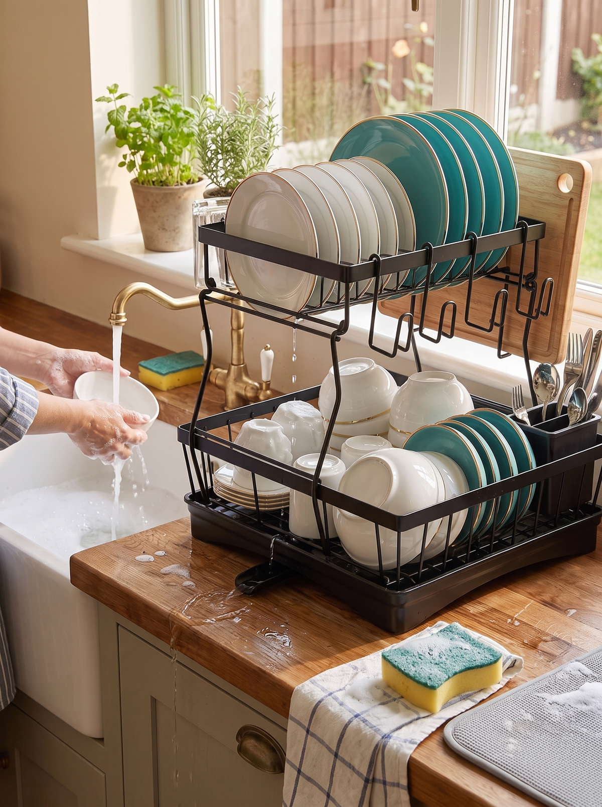 Dish rack draining water back into the sink