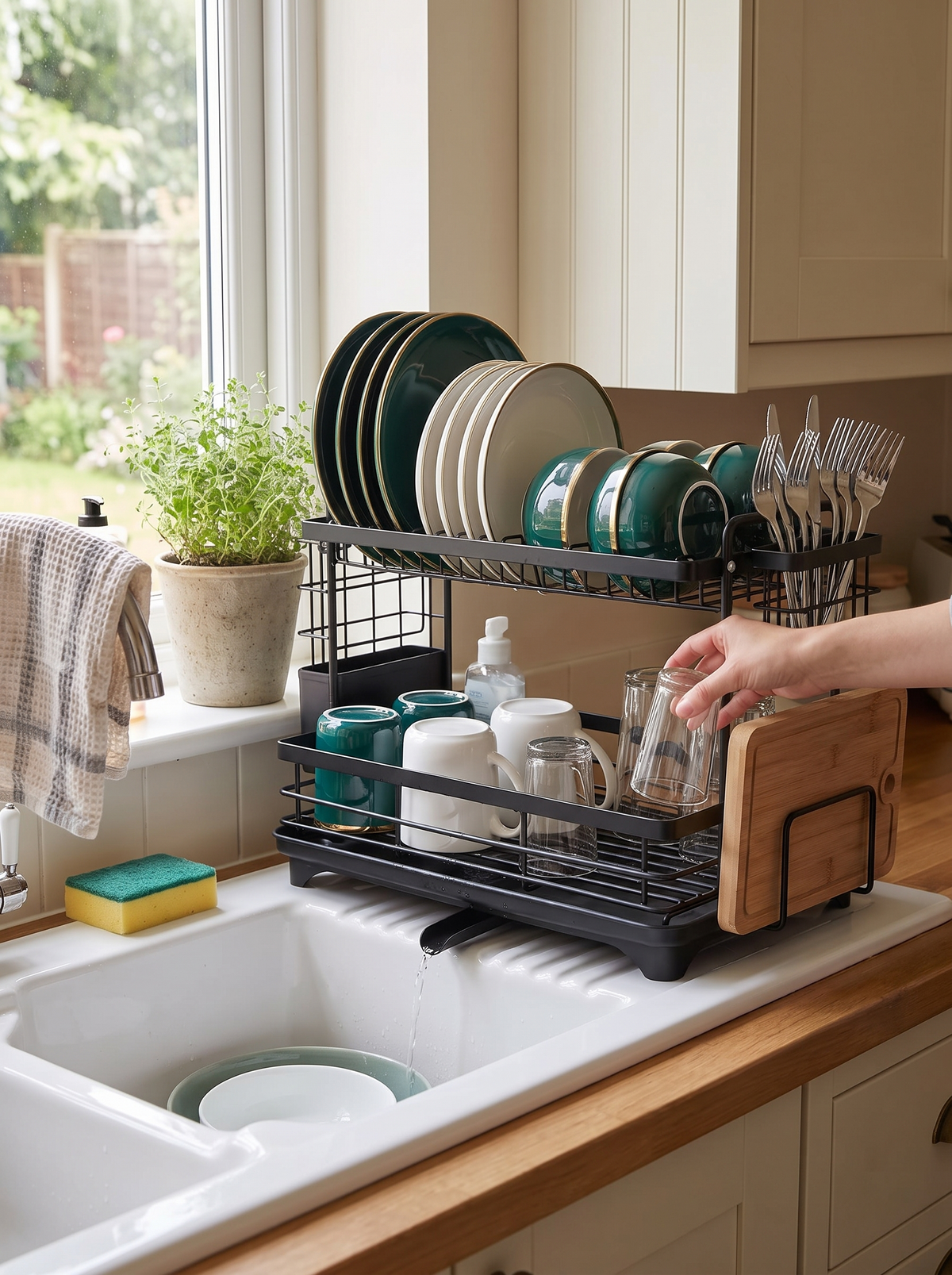 Cutlery drying rack with forks standing upright