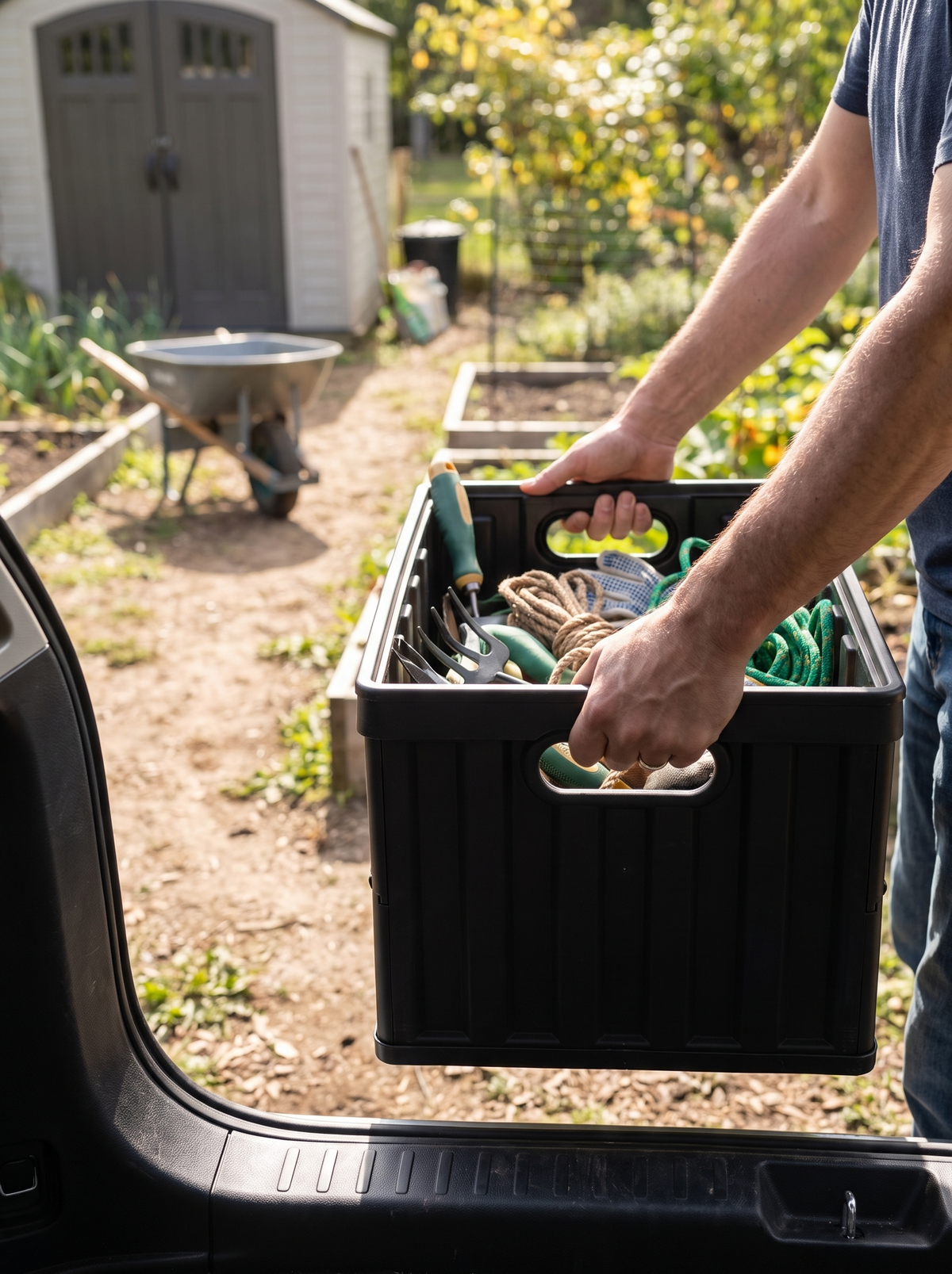 Storage bin carried by its handles