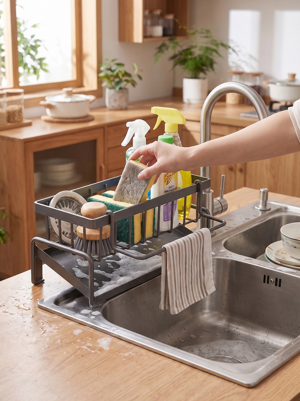 Sponge, brush and soap held in one rack
