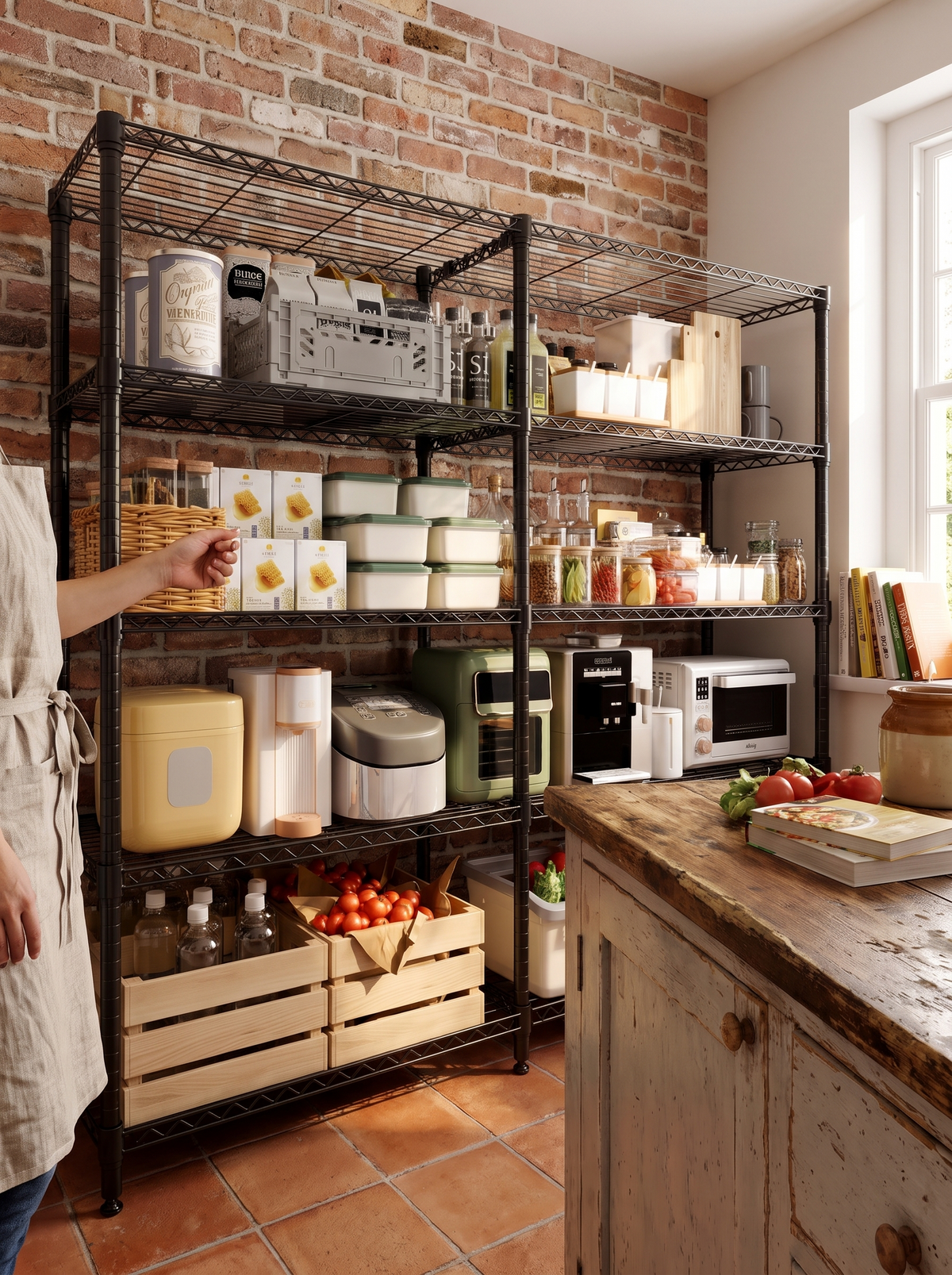 Adjustable wire shelving unit in a kitchen