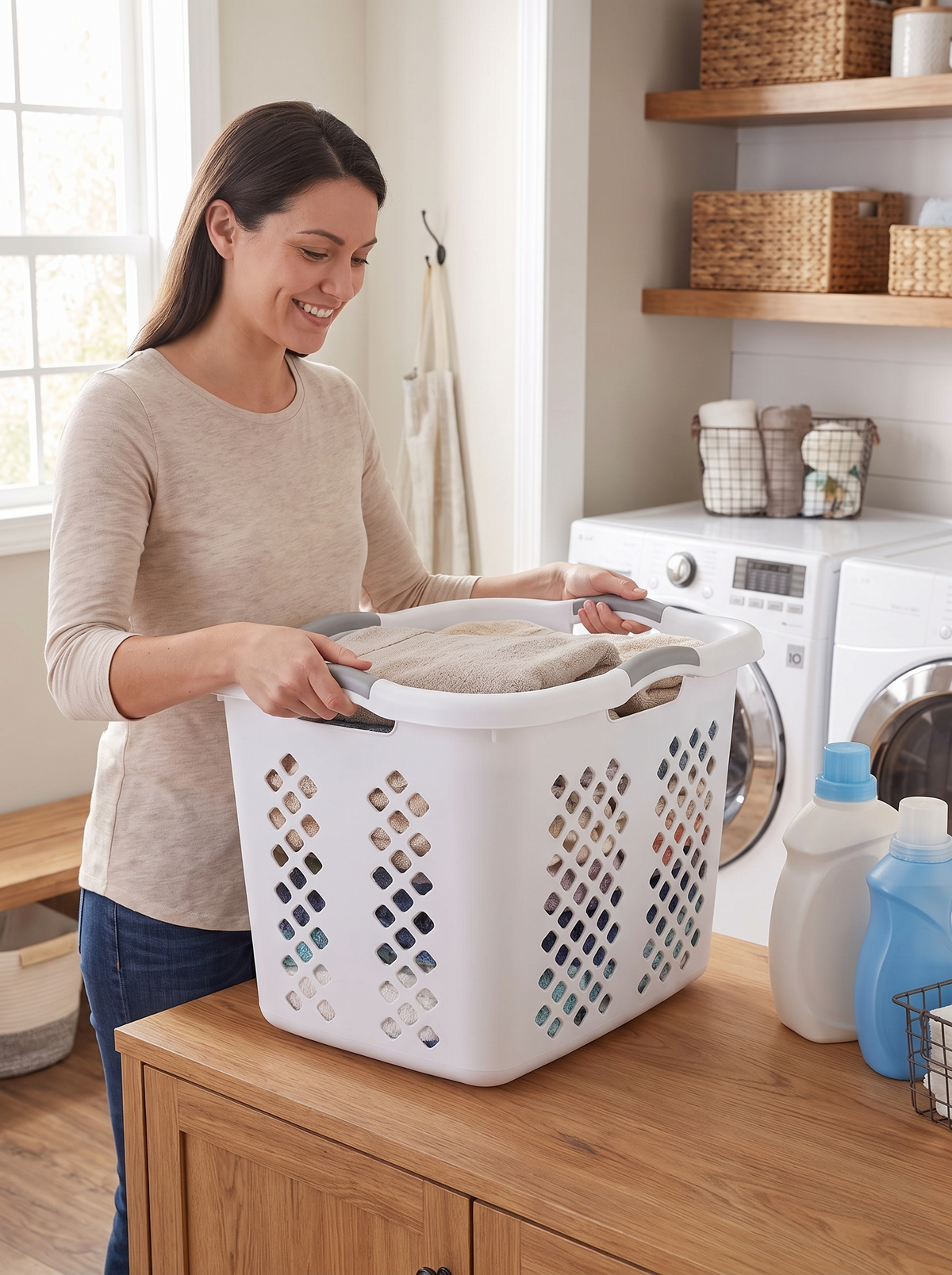 Wide handles gripped on a full laundry basket