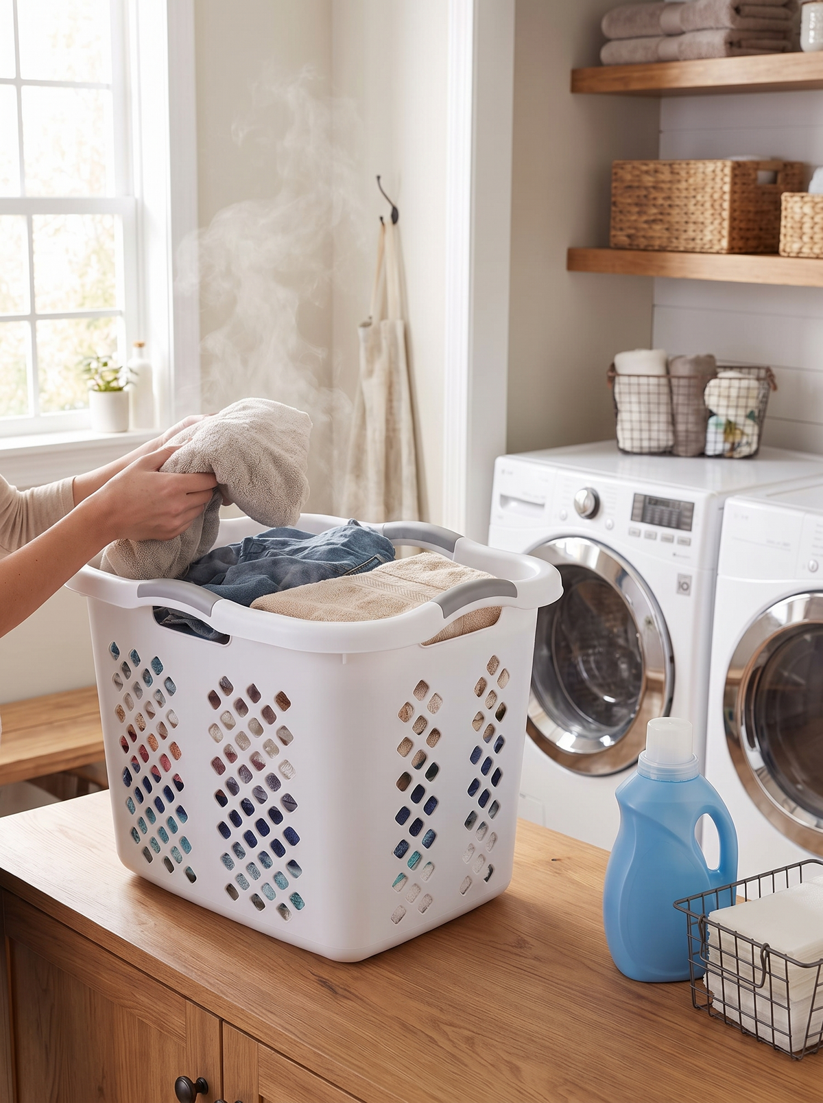 Ventilated laundry basket holding a damp load