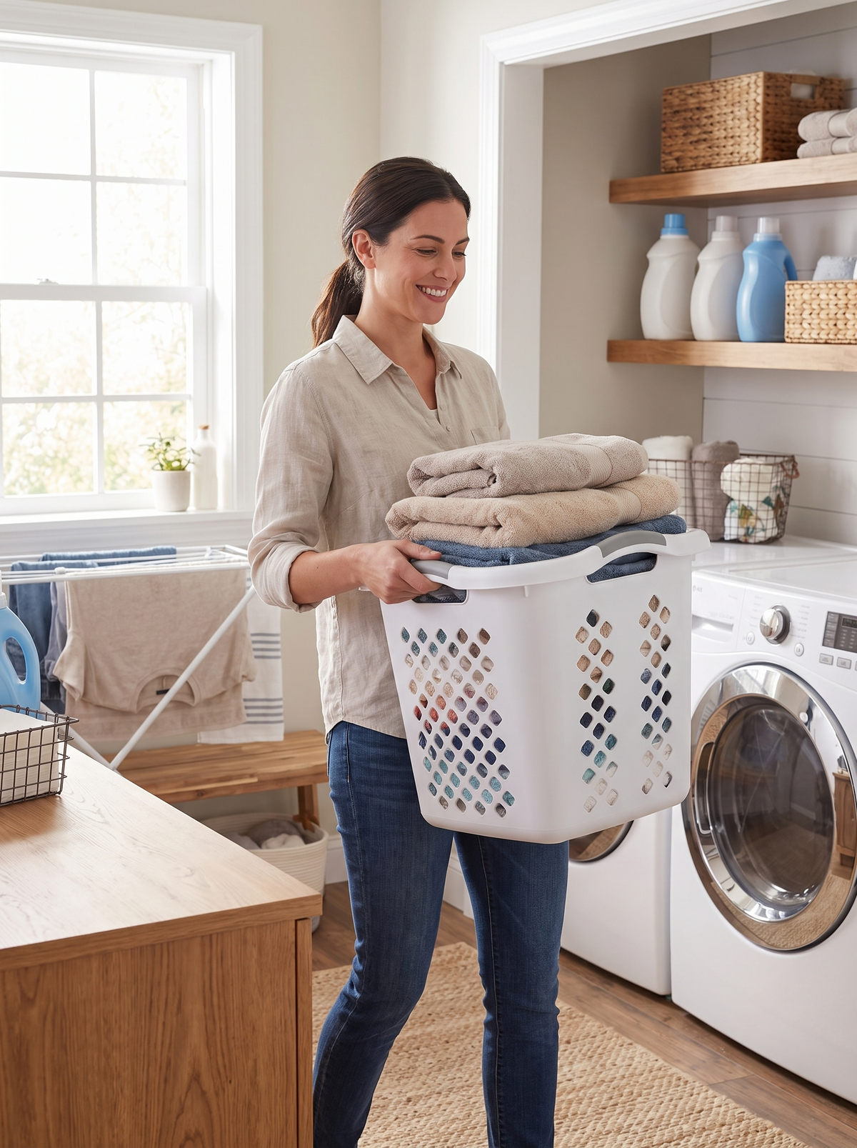 Large laundry basket carried on the hip