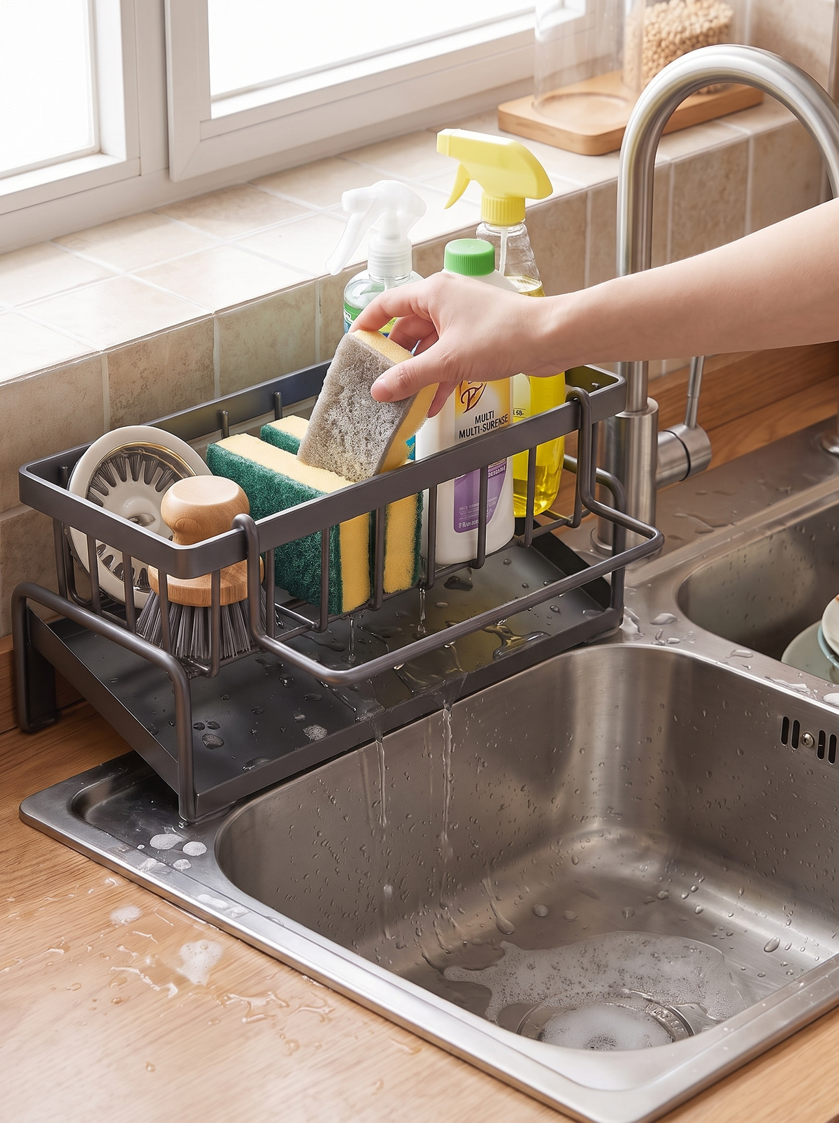 Sloped sink rack draining into the basin