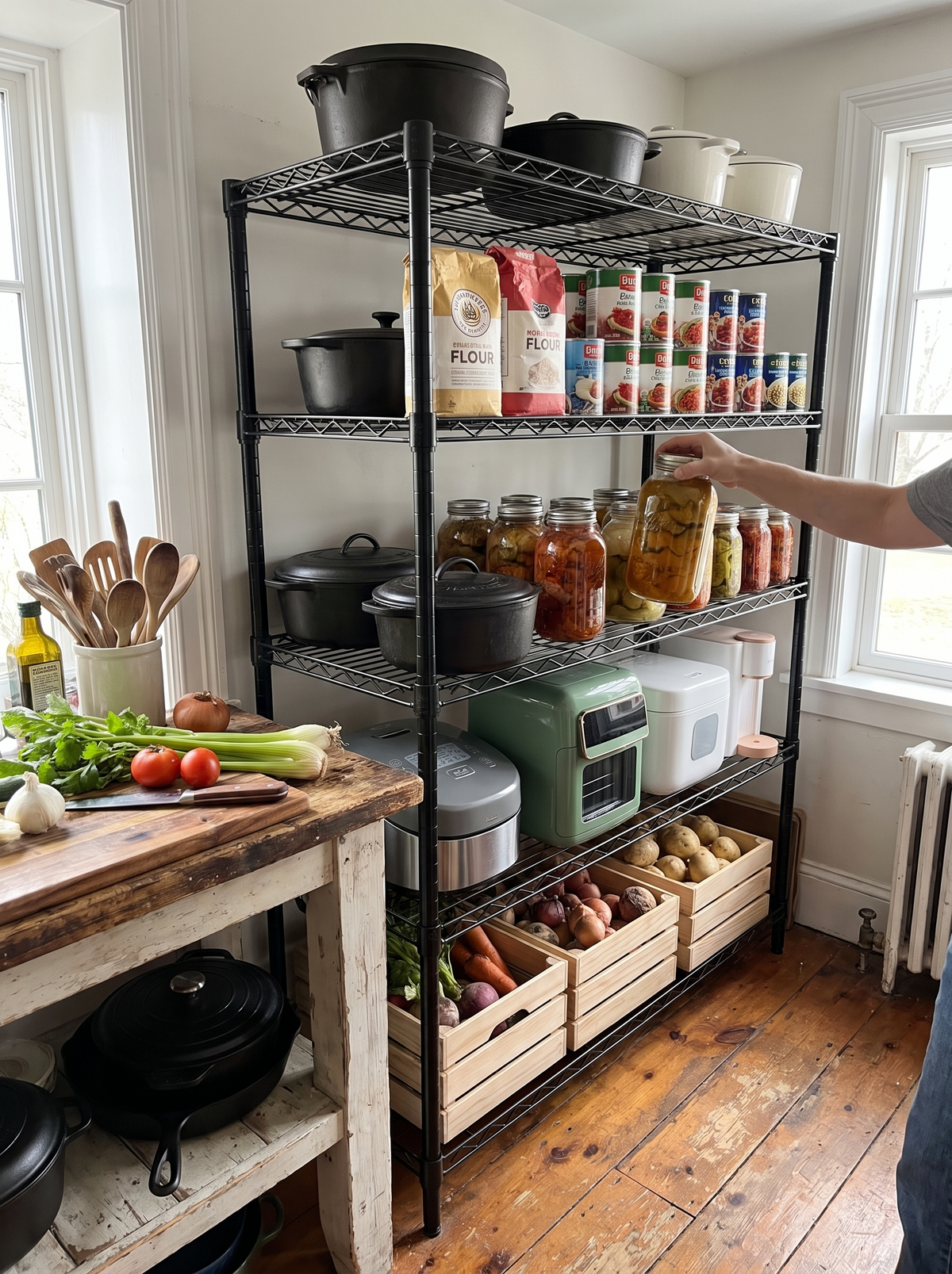 Shelving loaded with heavy pots and jars