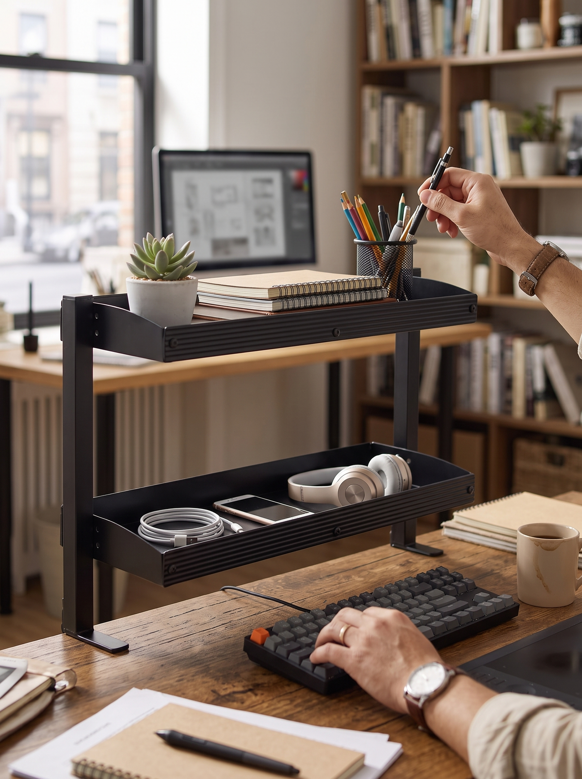 Two shelf levels sitting above the keyboard