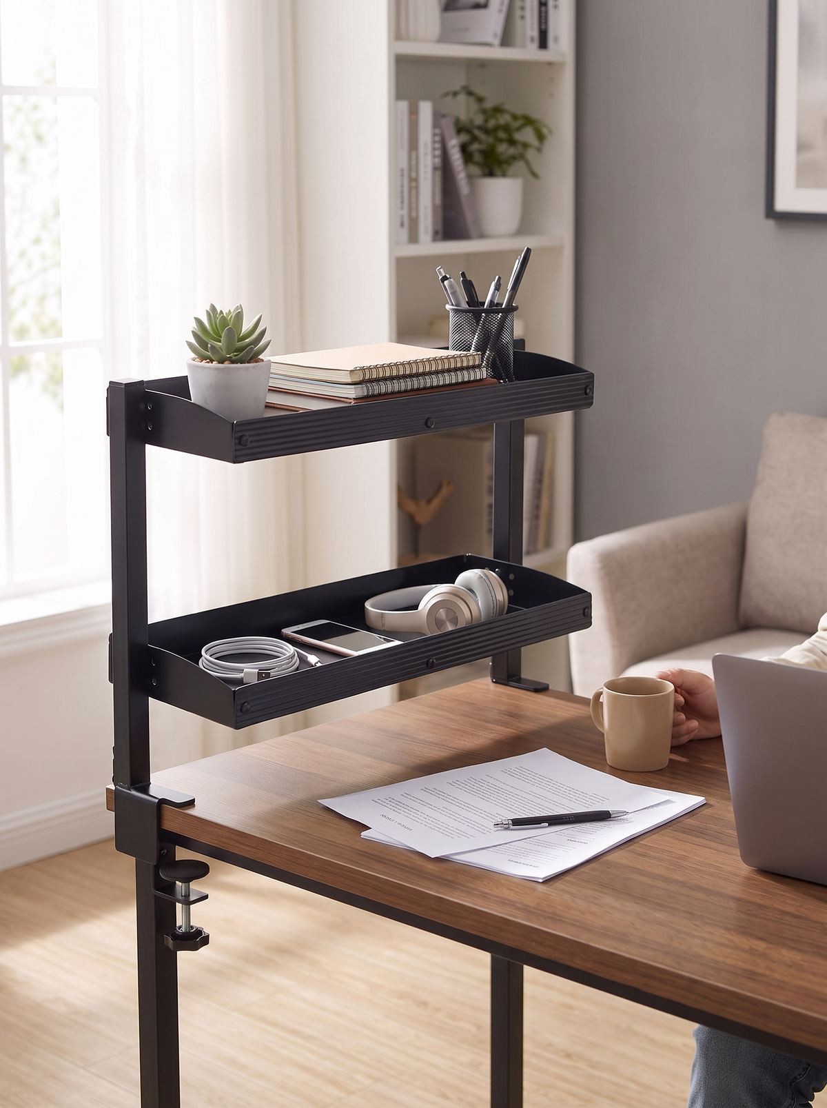Clamp on shelf adding storage above a desk