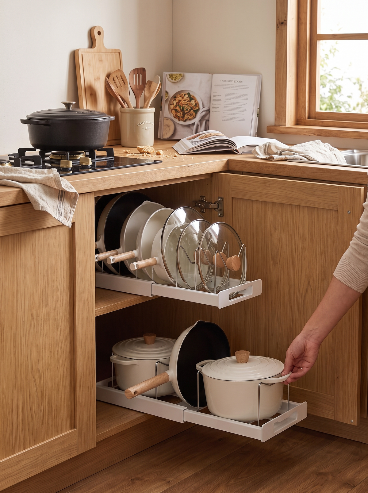 Lid rack pulled out from a kitchen cabinet