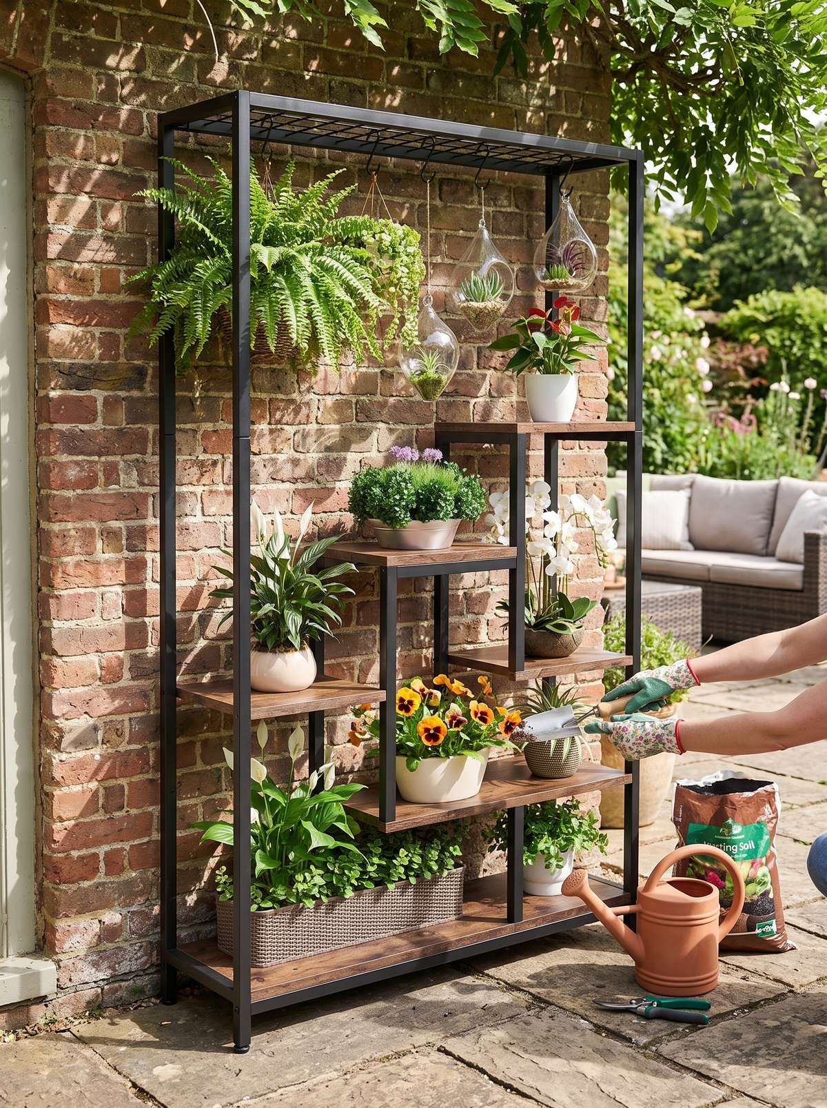 Plant stand filling a narrow corner with greenery